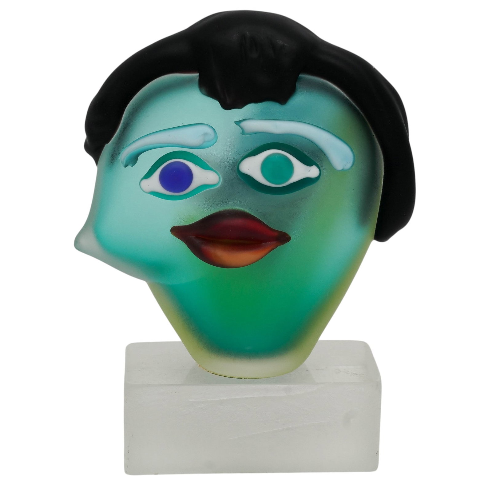 Vintage Murano Glass Head Sculpture: Vintage Murano Glass Head Sculpture Late 20th Century, Italy Whimsical vintage Murano art glass figural head sculpture, executed with a frosted green glass face, applied black hair, expressive eyes, a