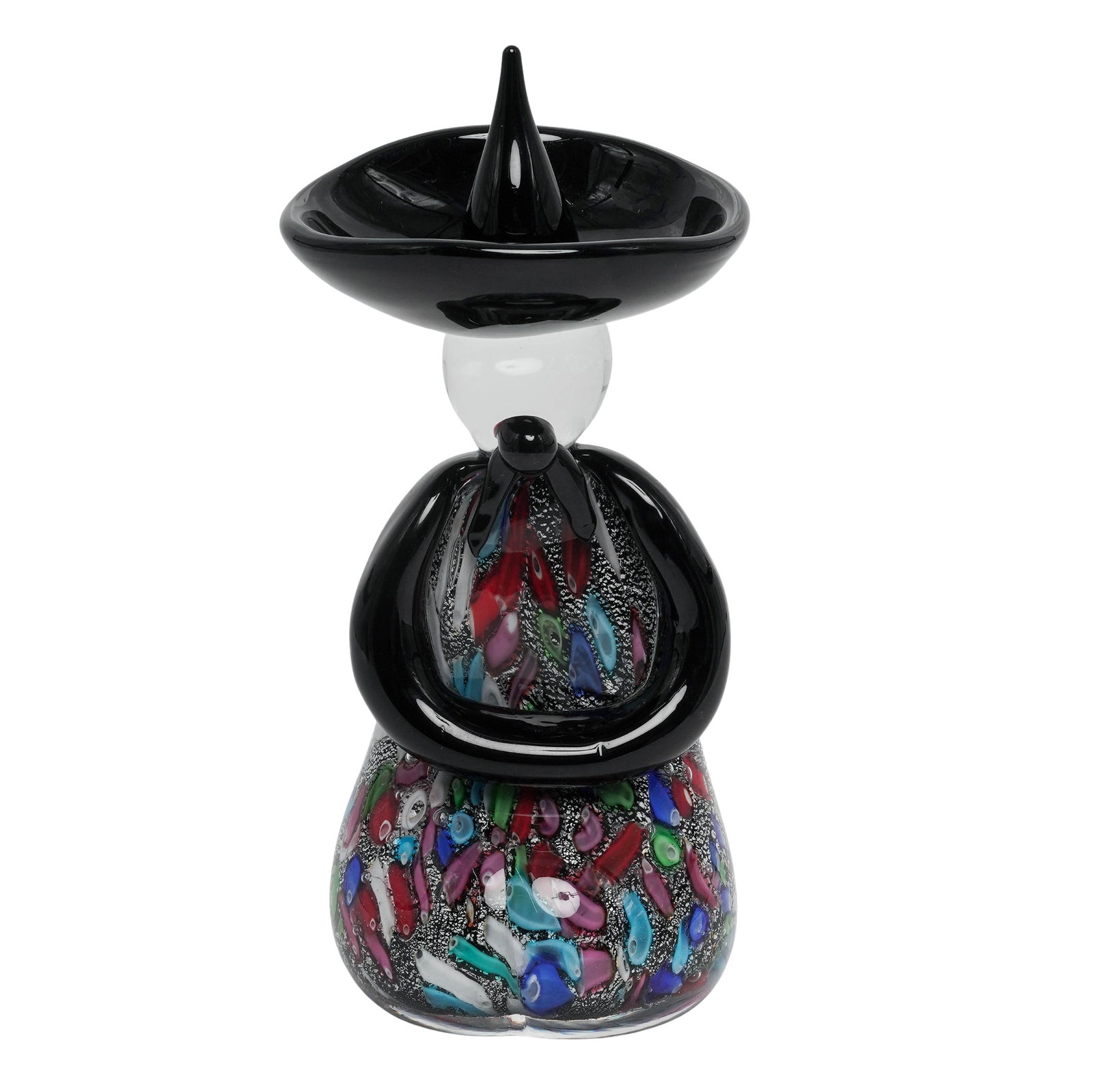 Zanetti Murano Oriental Glass Sculpture: Zanetti Murano Oriental Glass Sculpture Mid 20th Century, Italy A decorative Murano glass sculpture by Zanetti, featuring a stylized Oriental figure rendered in vibrant, multicolored glass. Signed D. 