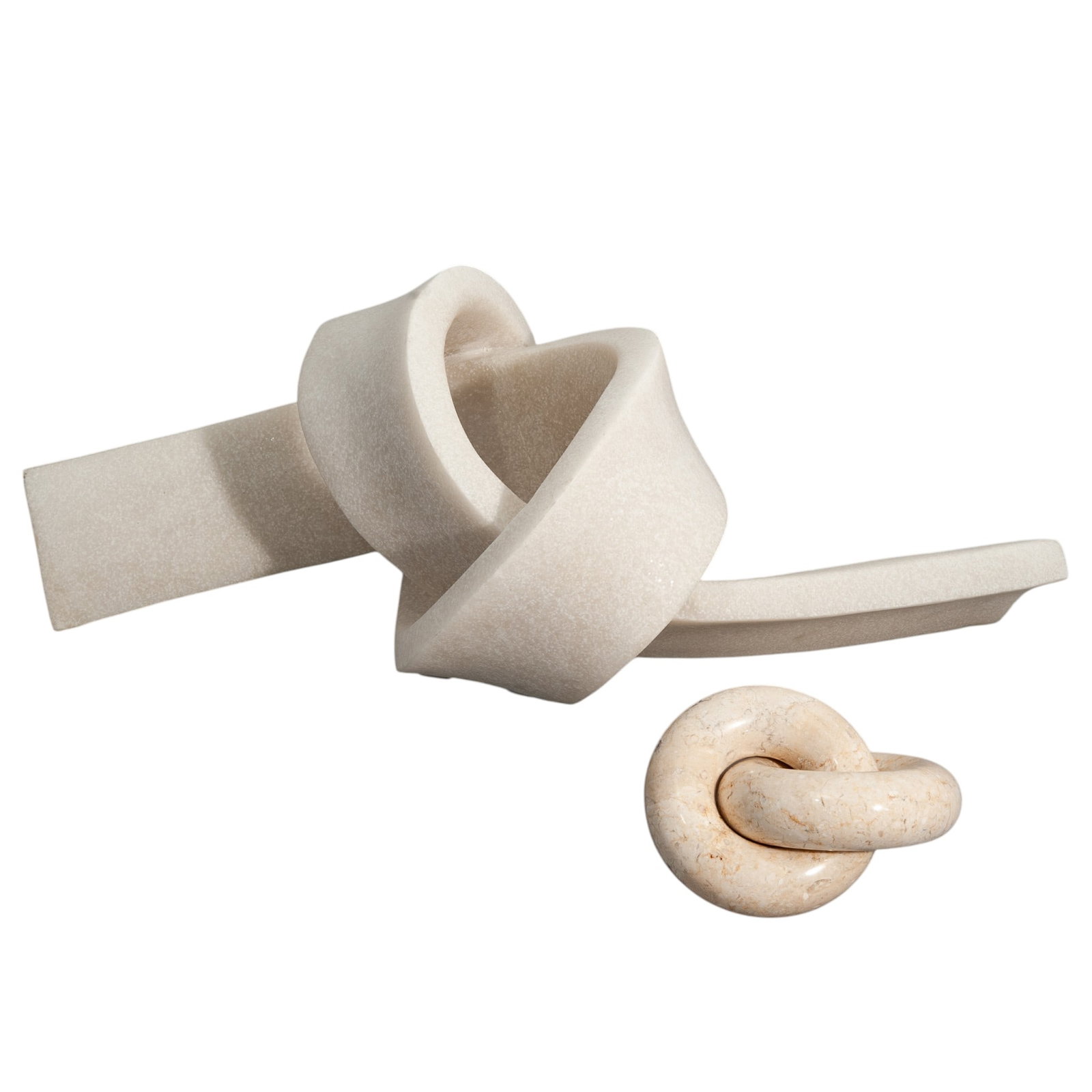 (2pc) Minimalist Stone Sculptures: (2pc) Minimalist Stone Sculptures 21st Cent Two-piece collection, including a wide ribbon of off-white stone into a large, open overhand knot. It is paired with a smaller sculpture made of polished cr