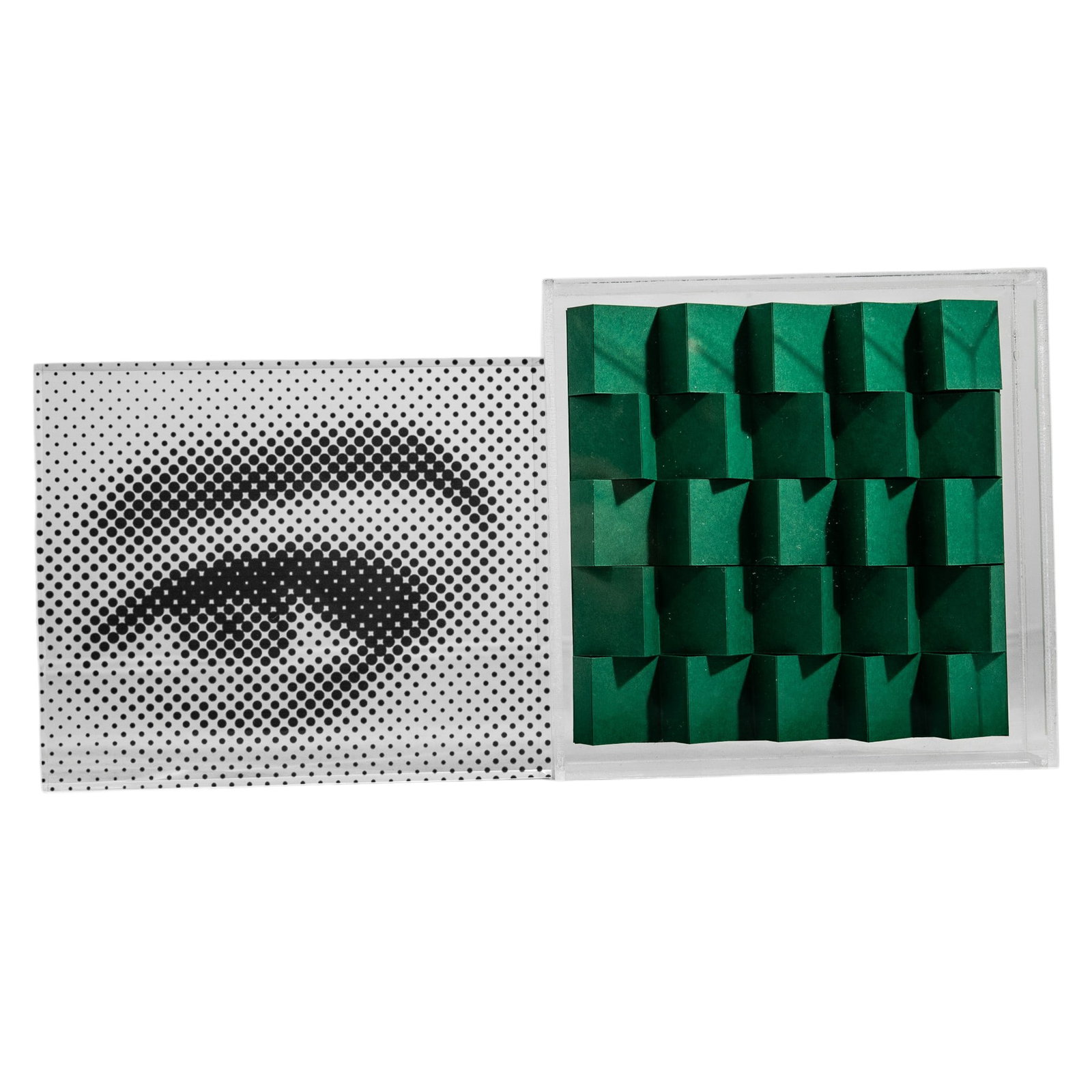 (2pc) Modern Optical & Pop Style Art Sculptures: (2pc) Modern Optical & Pop Style Art Sculptures 21st Cent. Two modern pieces made from clear acrylic. One is a solid lucite block featuring a retro halftone dot graphic of a human eye that plays with 