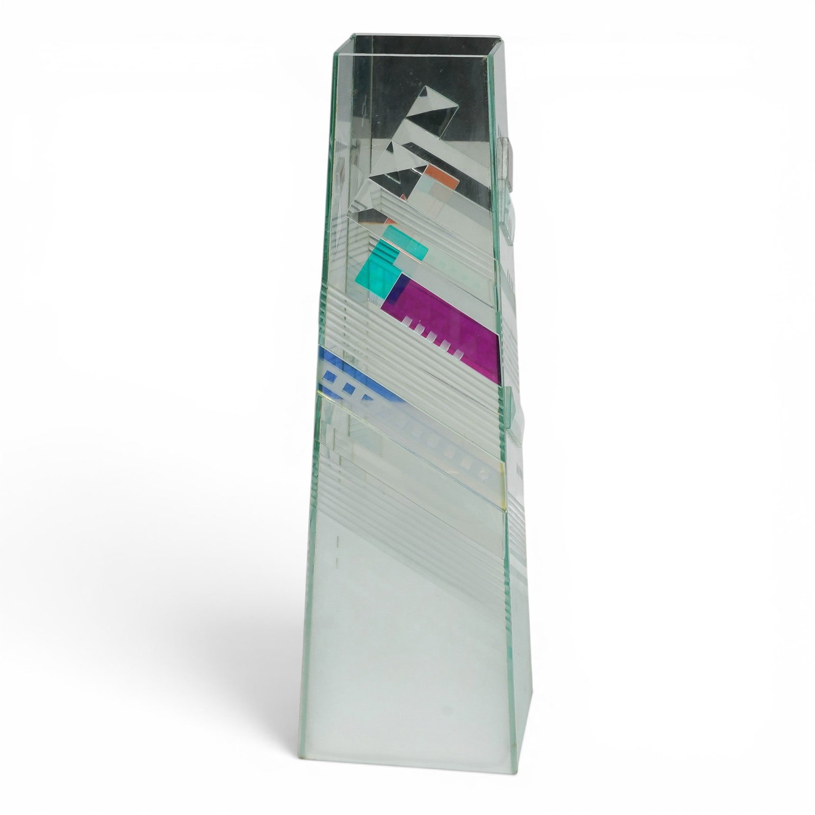 Signed Iridescent Glass Geometrical Sculpture: Signed Iridescent Glass Geometrical Sculpture 1992, USA Signed art glass sculpture composed of intersecting geometric forms, featuring an iridescent finish that displays shifting hues across the surfa