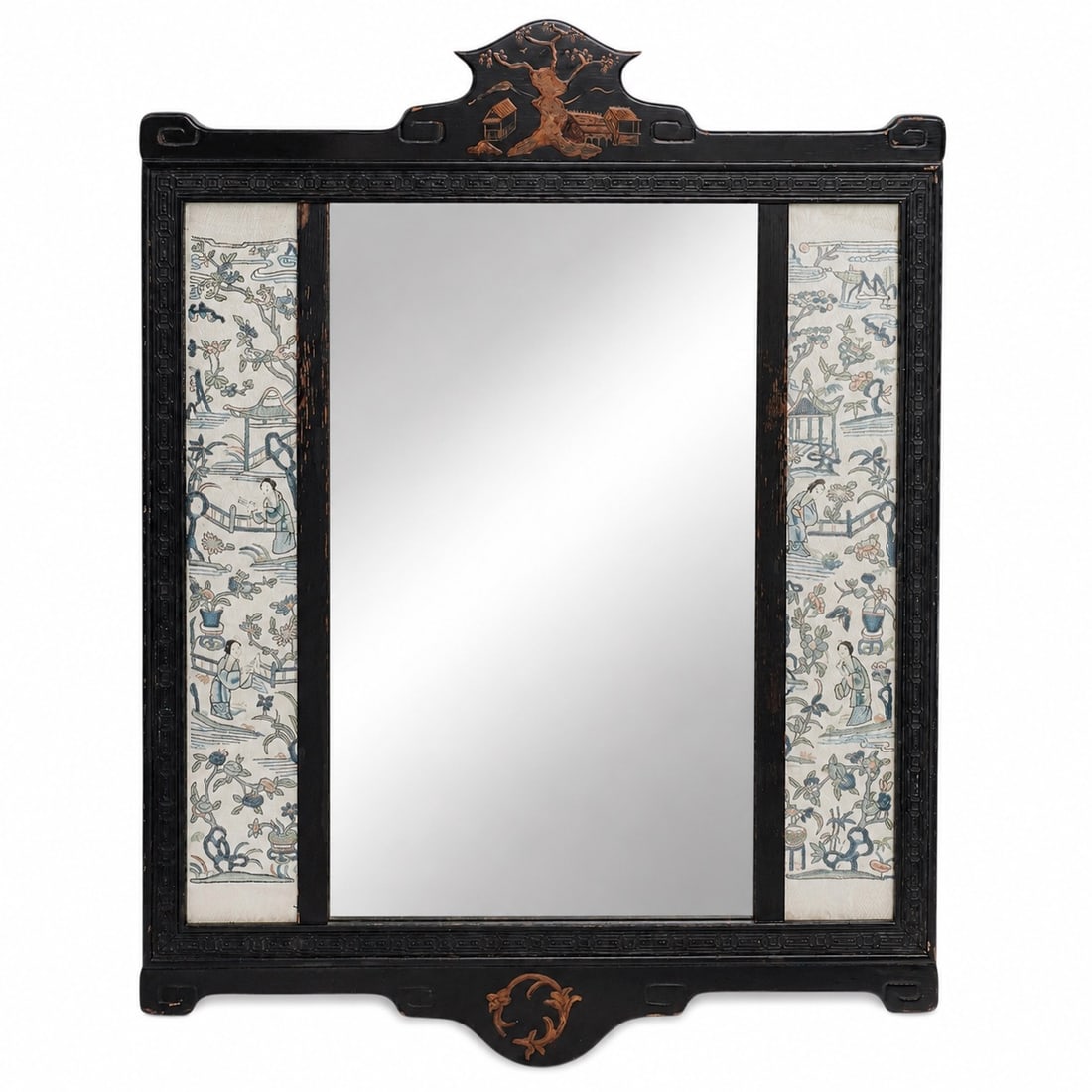 Chinoiserie Silk Paneled Lacquered Wood Mirror (1 of 7)