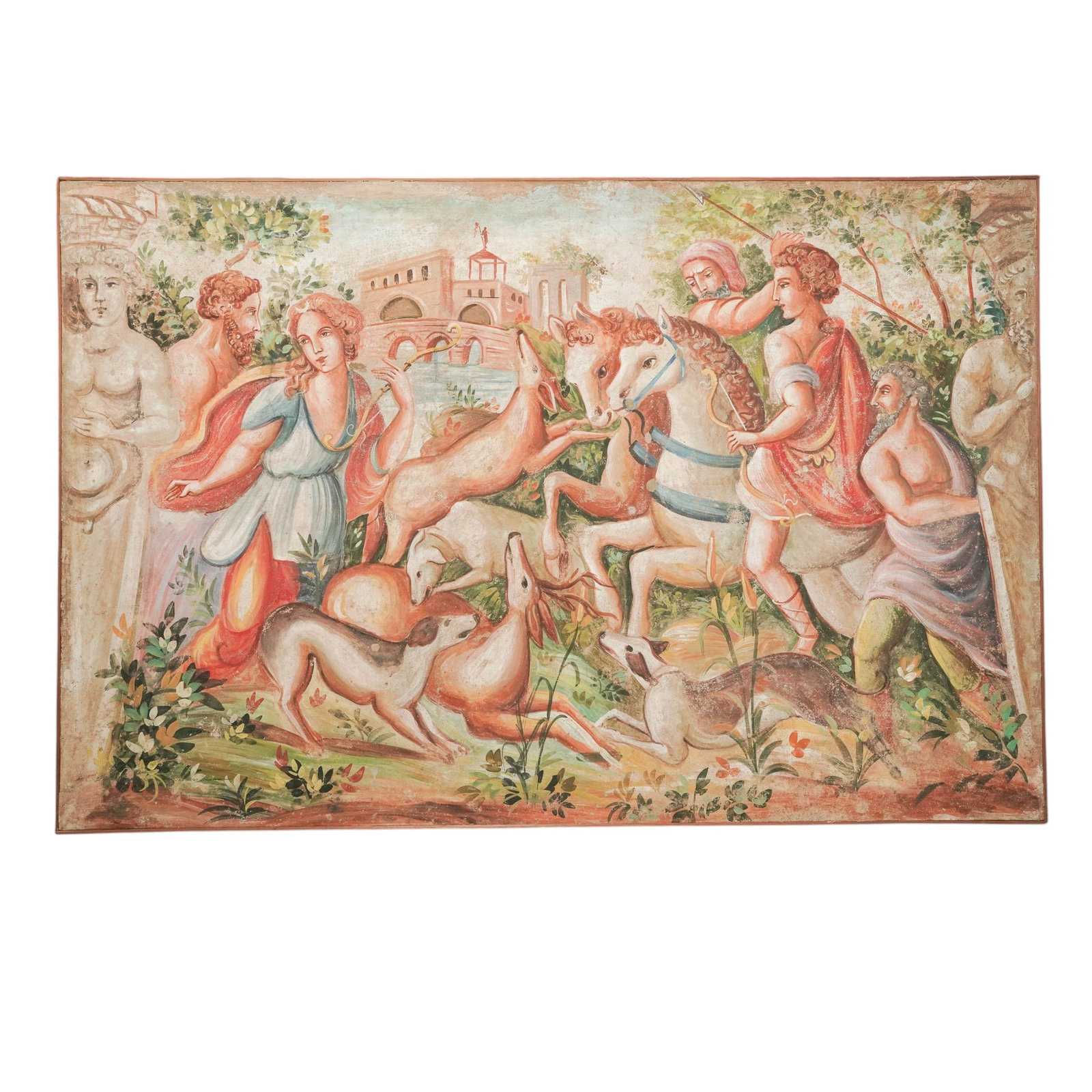 Antique Greco-Roman Strappo Mural Painting: Antique Greco-Roman Strappo Mural Painting 20th Cent. Probably Italian This is an impressive, grand-scale, large Greco-Roman strappo mural painting executed with the unique look of an ancient Italian 