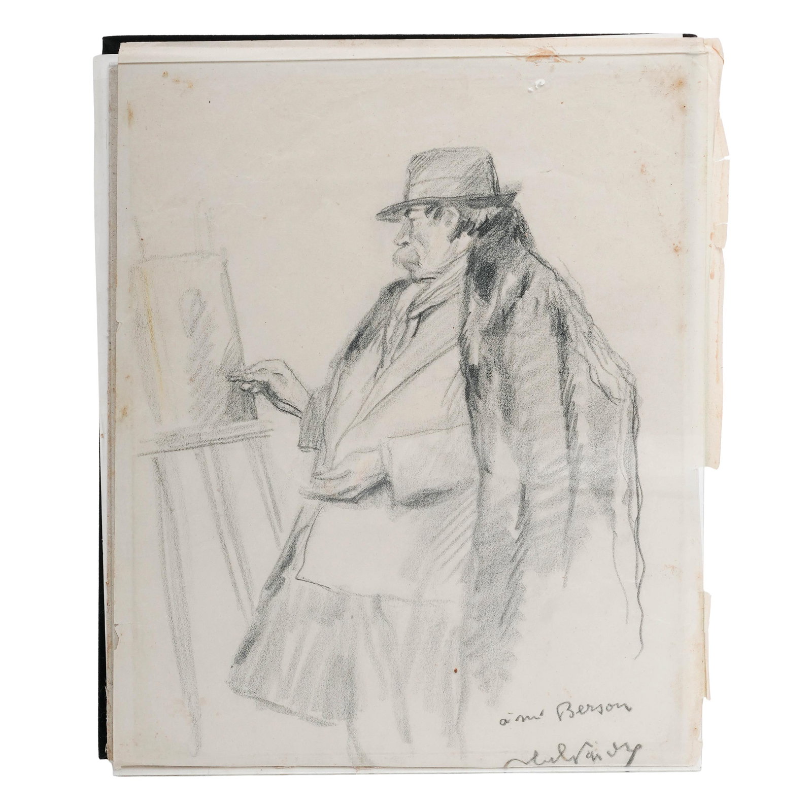 Artist Signed Portrait Sketch on Paper: Artist Signed Portrait Sketch on Paper 20th Century A pencil portrait sketch depicting a standing figure at an easel, rendered in a loose academic style with attention to facial features, clothing, an