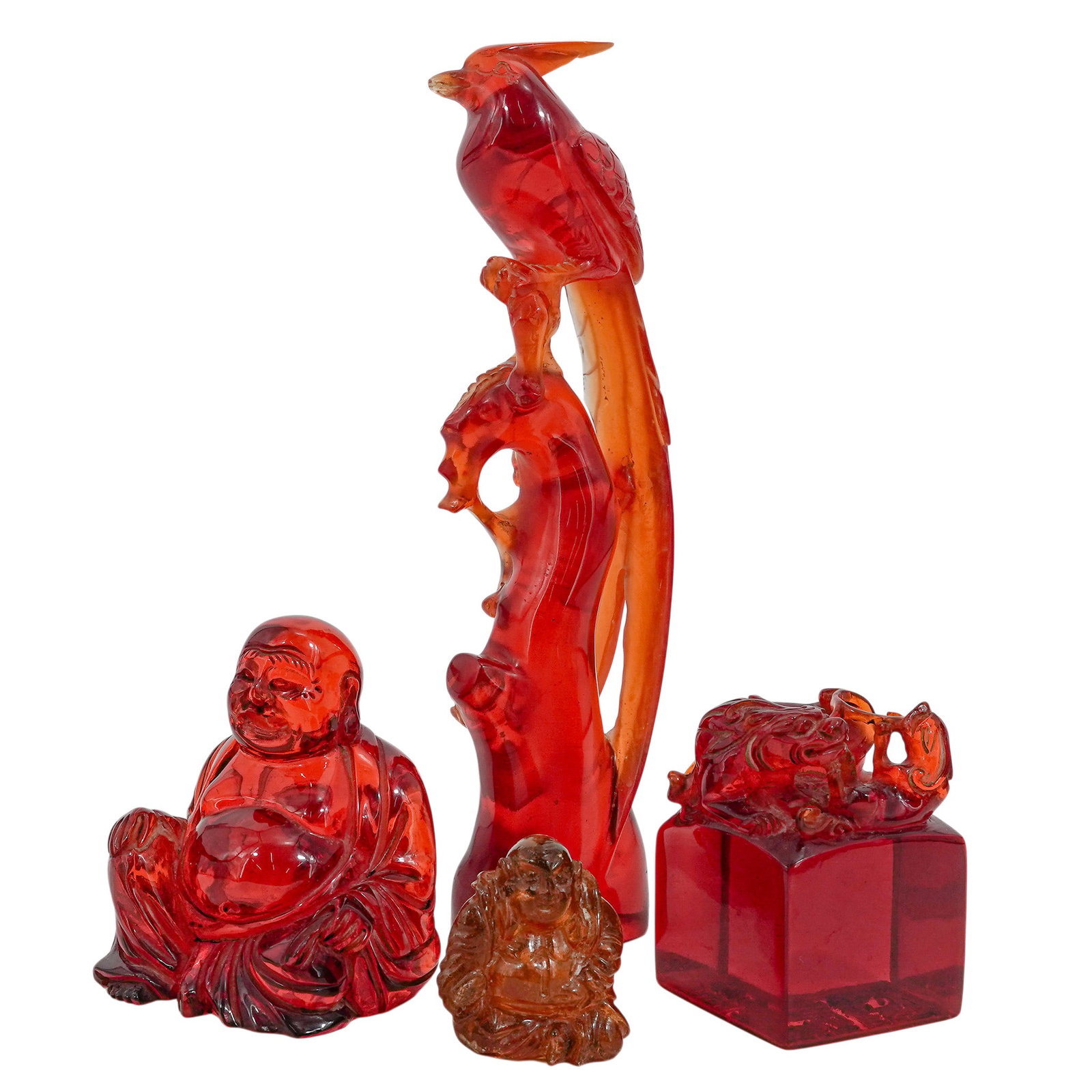 (4 pcs) Chinese Carved Amber Pheasant, Dragon, Buddhas (1 of 11)