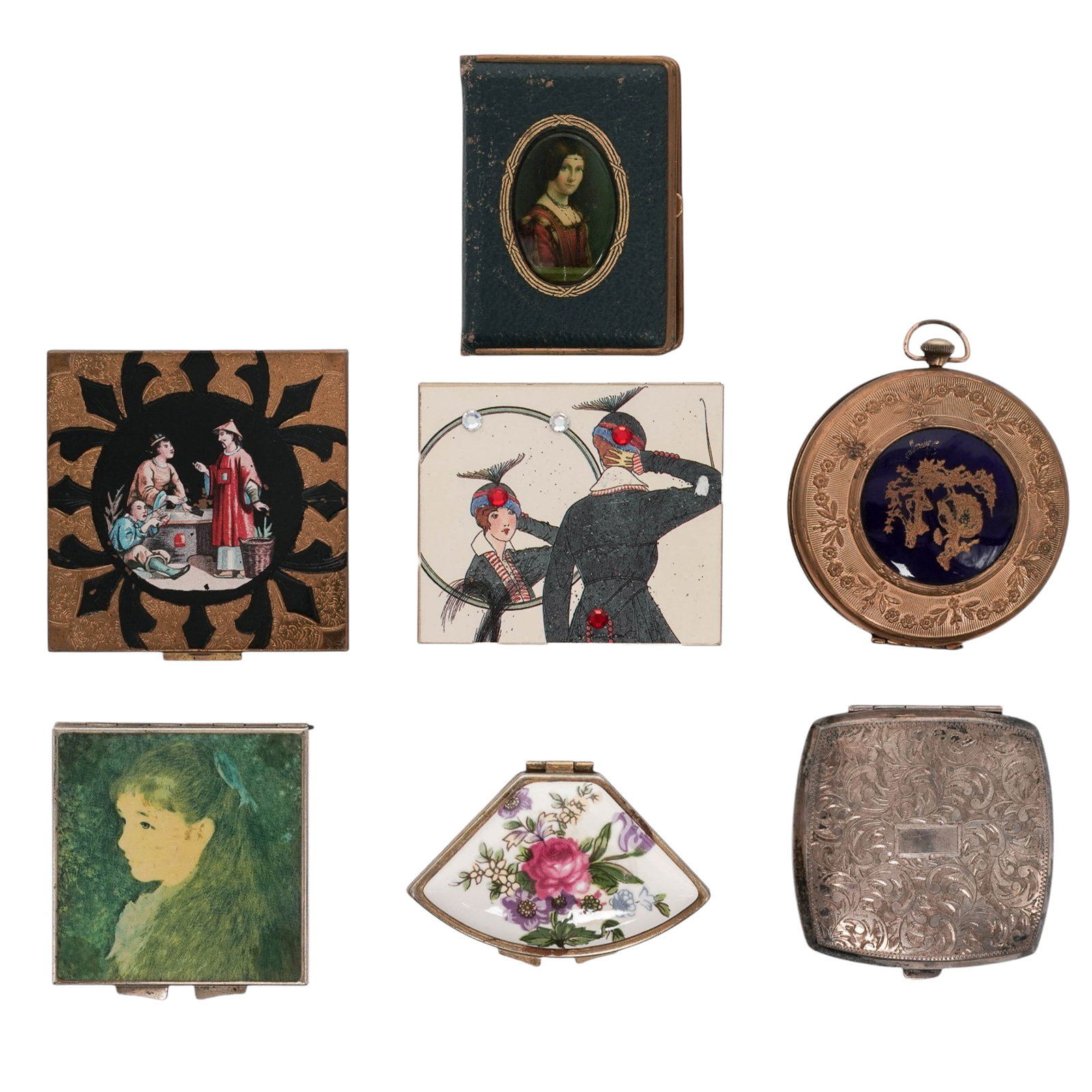 (7 pc) Antique Enamel and Sterling Silver Compact Cases (1 of 8)