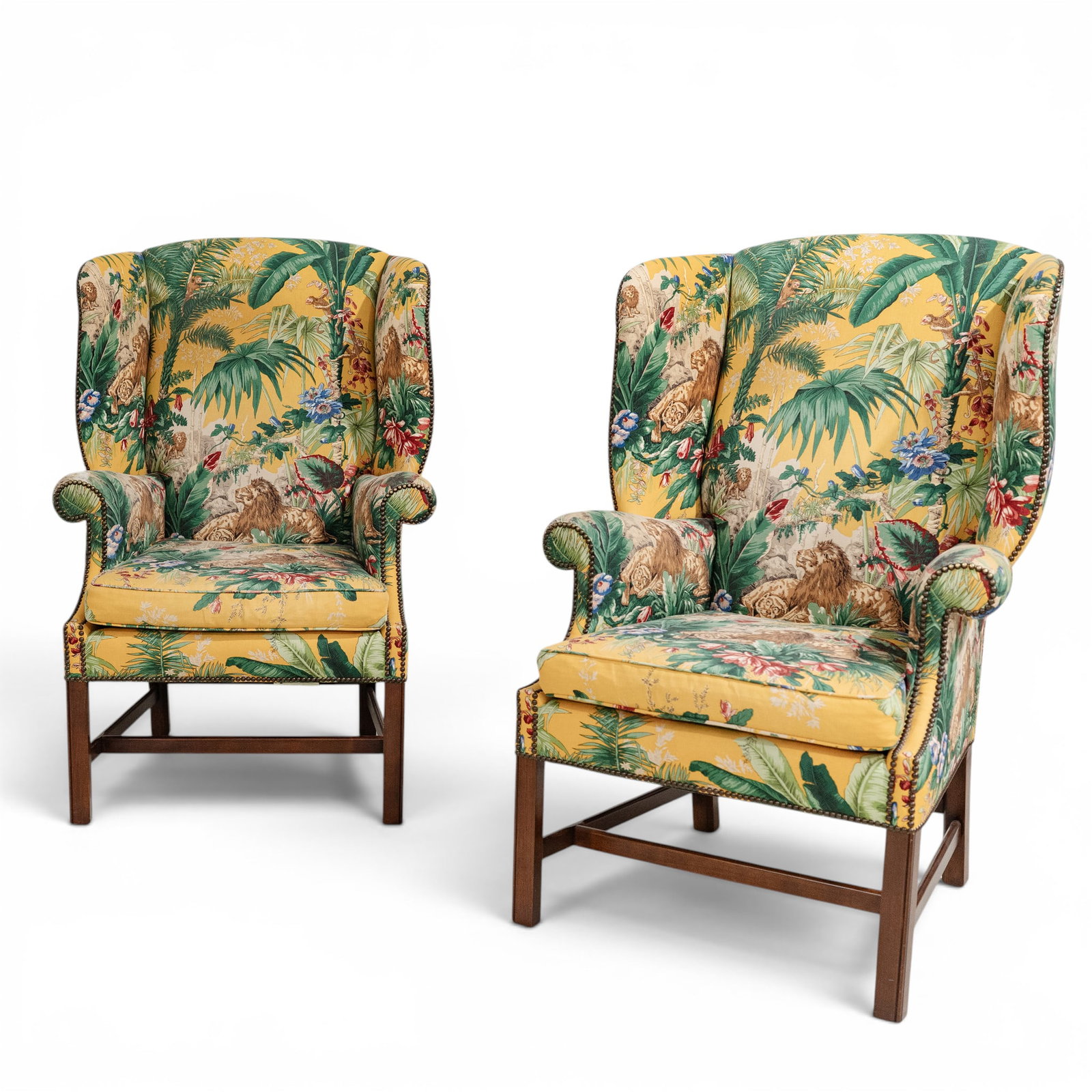 Pair Wingback Upholstered Yellow Jungle Chairs (1 of 7)