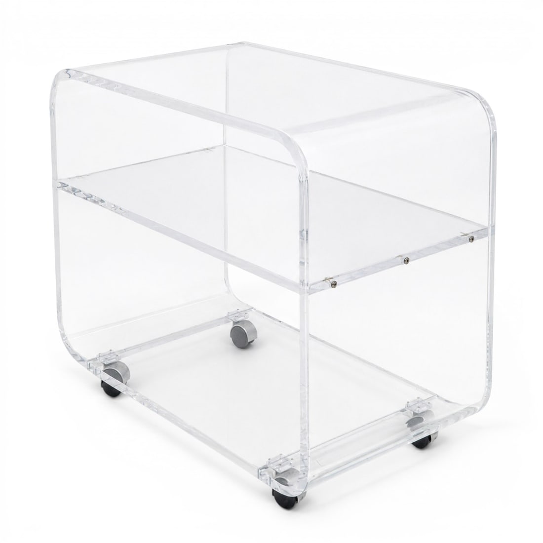 Charles Hollis Jones Waterfall Acrylic Rolling Cart: Charles Hollis Jones Waterfall Acrylic Rolling Cart Late 20th Century, USA Charles Hollis Jones rolling cart featuring a clear acrylic waterfall design frame with two open shelves and integrated 4 pin
