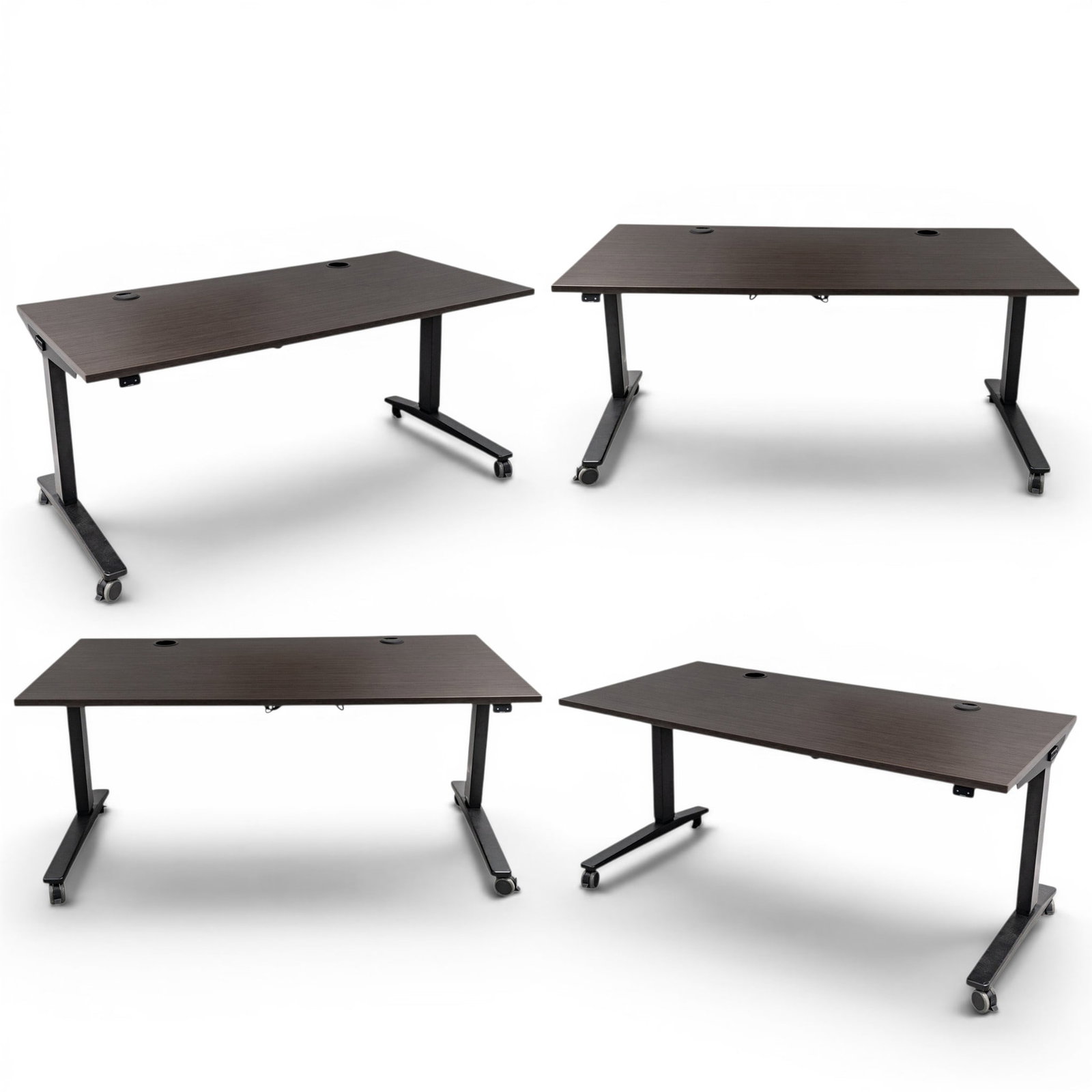 (4 pc) Group of Black Uplift Desks: (4 pc) Group of Black Uplift Desks Early 21st Century, USA Set of four Uplift height-adjustable standing desks, each featuring a black laminate work surface with ergonomic curved front edge, programma