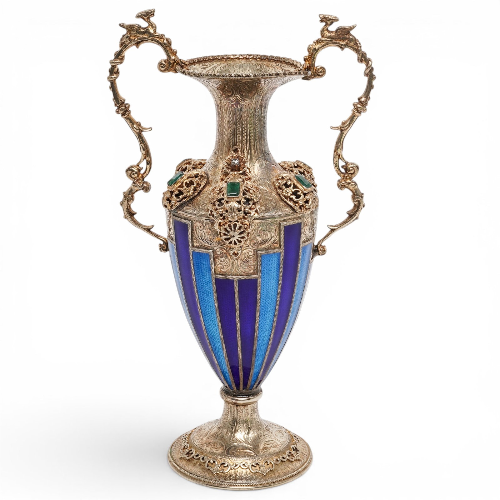 Antique Austro-Hungarian Gilt Sterling, Enamel, Emerald & Diamond Vase: Antique Austro-Hungarian Gilt Sterling, Enamel, Emerald & Diamond Vase 19th Cent., Austro- Hungarian An antique Austro-Hungarian historicist revival-style vase featuring a gilt sterling silver, urn-fo