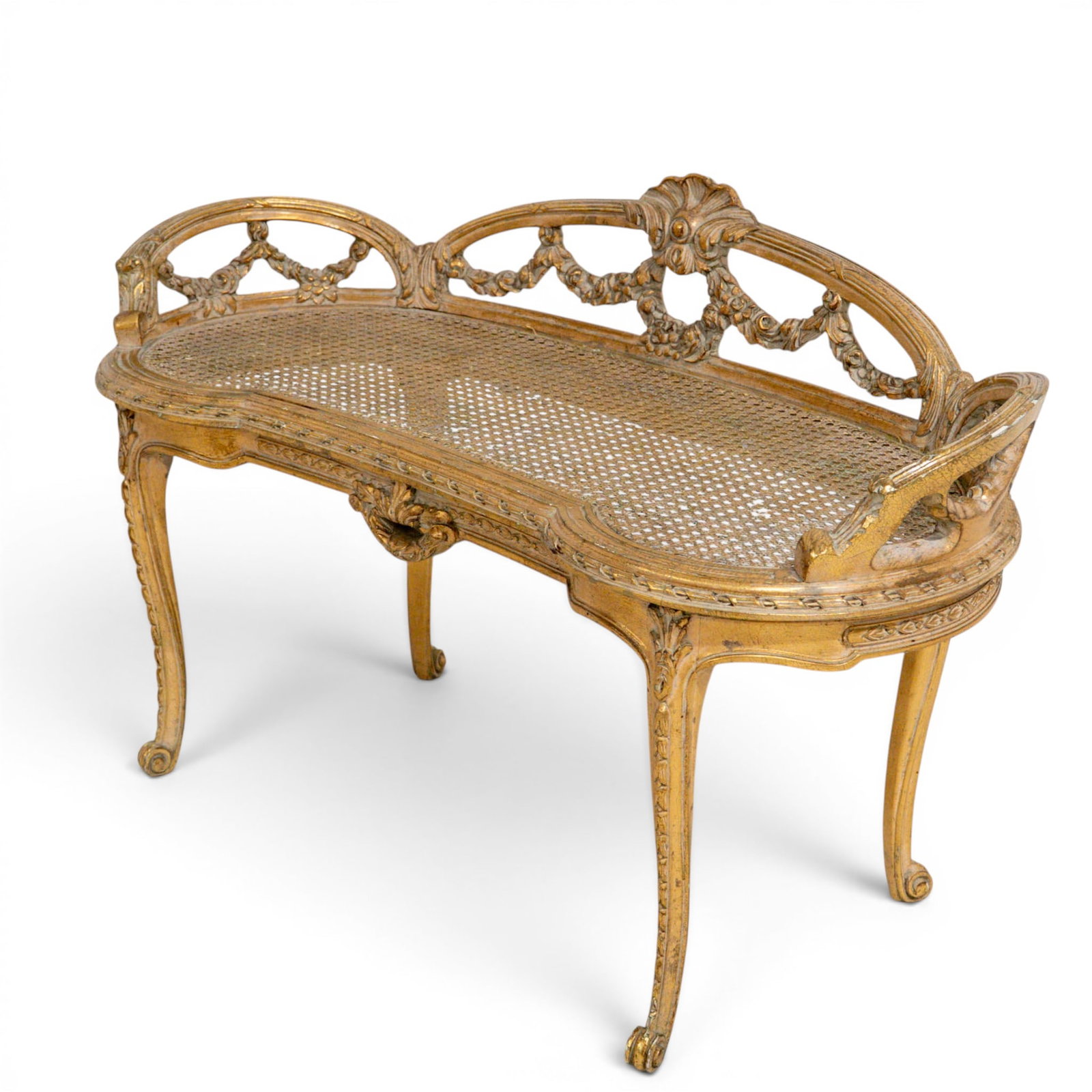 Antique French Carved Gilt Wood Cane Bench: Antique French Carved Gilt Wood Cane Bench rance Early 20th Century Antique French bench with a carved giltwood frame, featuring an openwork back, scrolling arms, cabriole legs, and a woven cane seat.