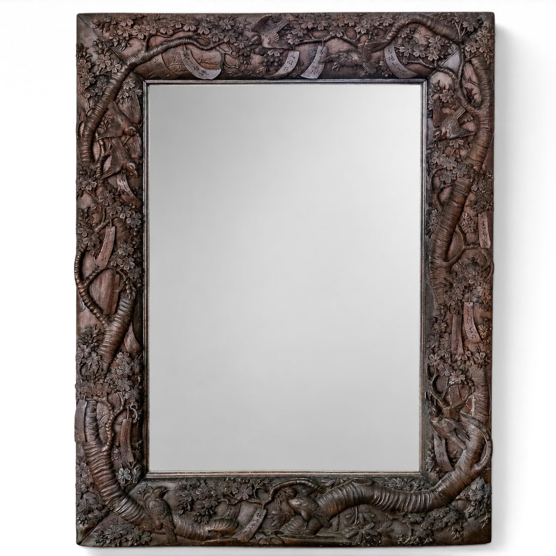 Large Japanese Carved Wood Cherry Blossom Mirror (1 of 7)