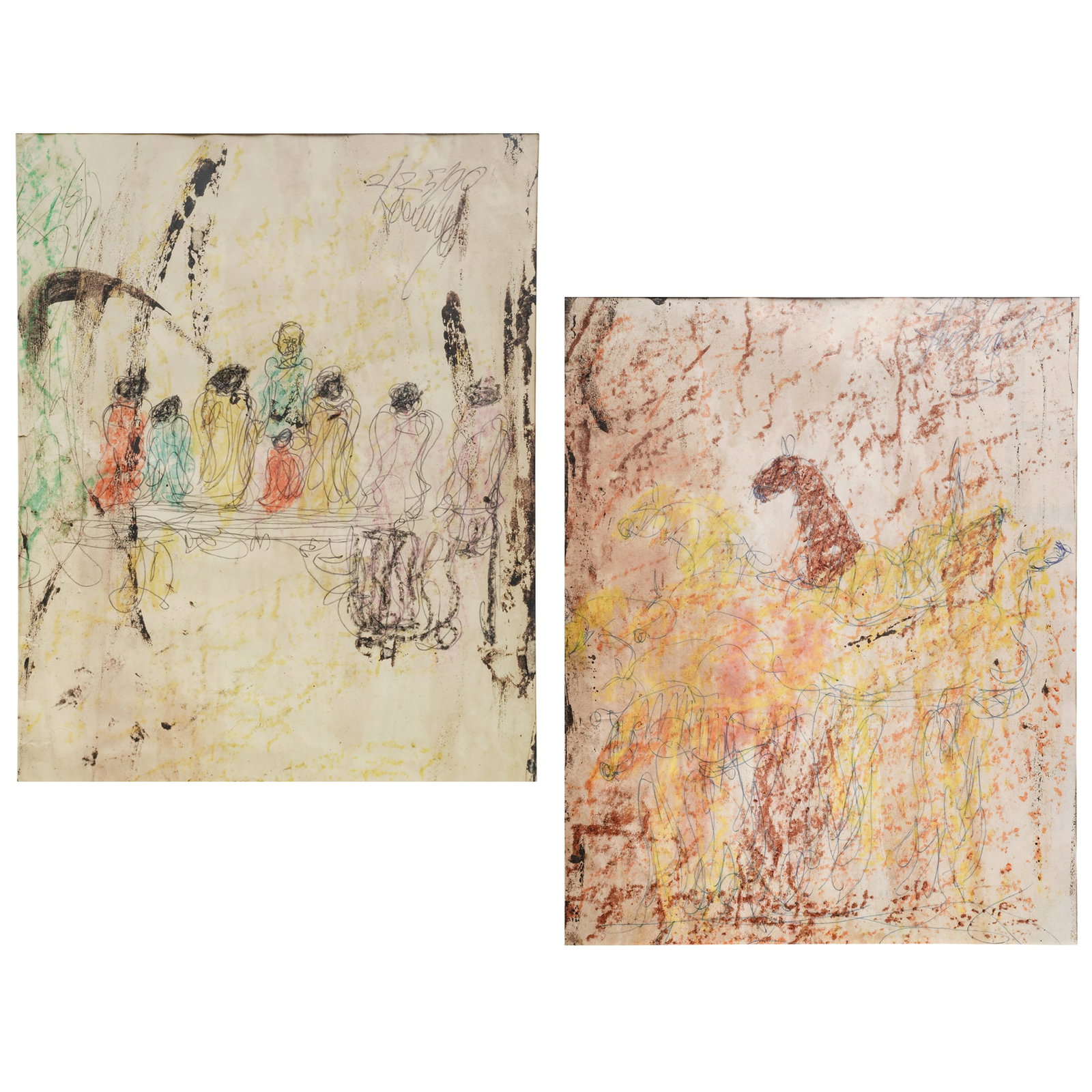 (2pc) Purvis Young (American, 1943–2010) Mixed-Media On Paper Painting (1 of 11)