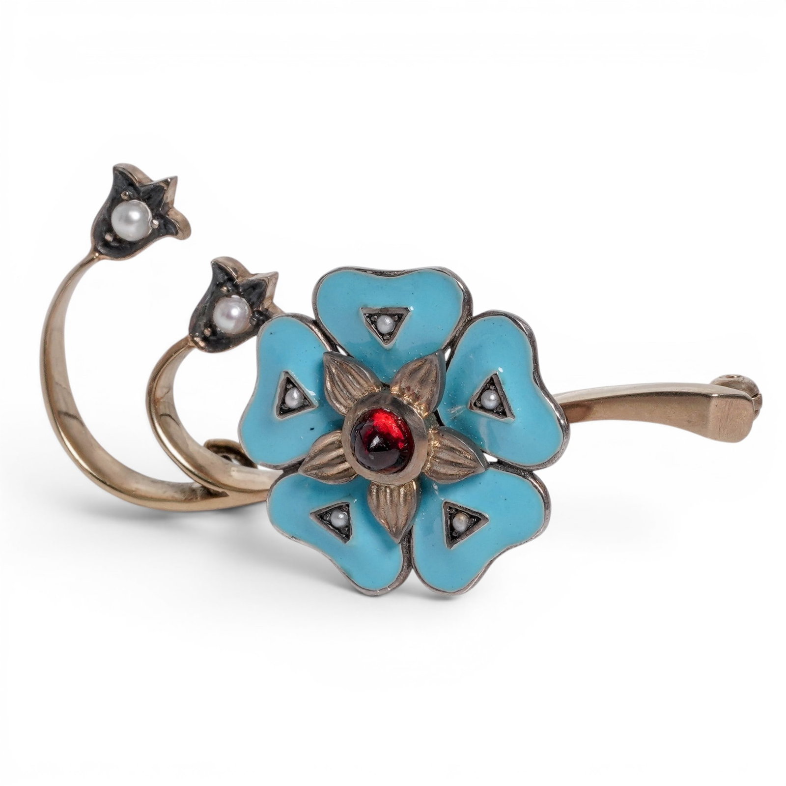 Russian Imperial Era Gilt Silver Enamel Garnet Diamond & Pearl Flower Brooch (Ivan Britsyn) (1 of 8)