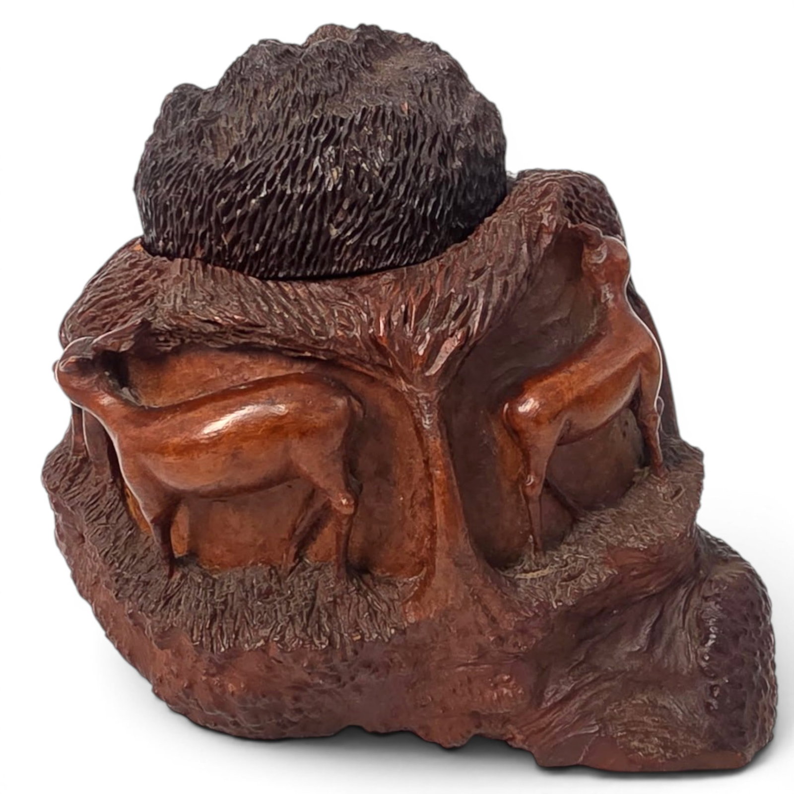 Antique Black Forest Carved Wooden Tobacco Jar: Antique Black Forest Carved Wooden Tobacco Jar Early 20th Cent., Swiss The entire body of the jar is sculpted as a rustic, naturalistic woodland landscape with deer. The textured hat on top forms the 
