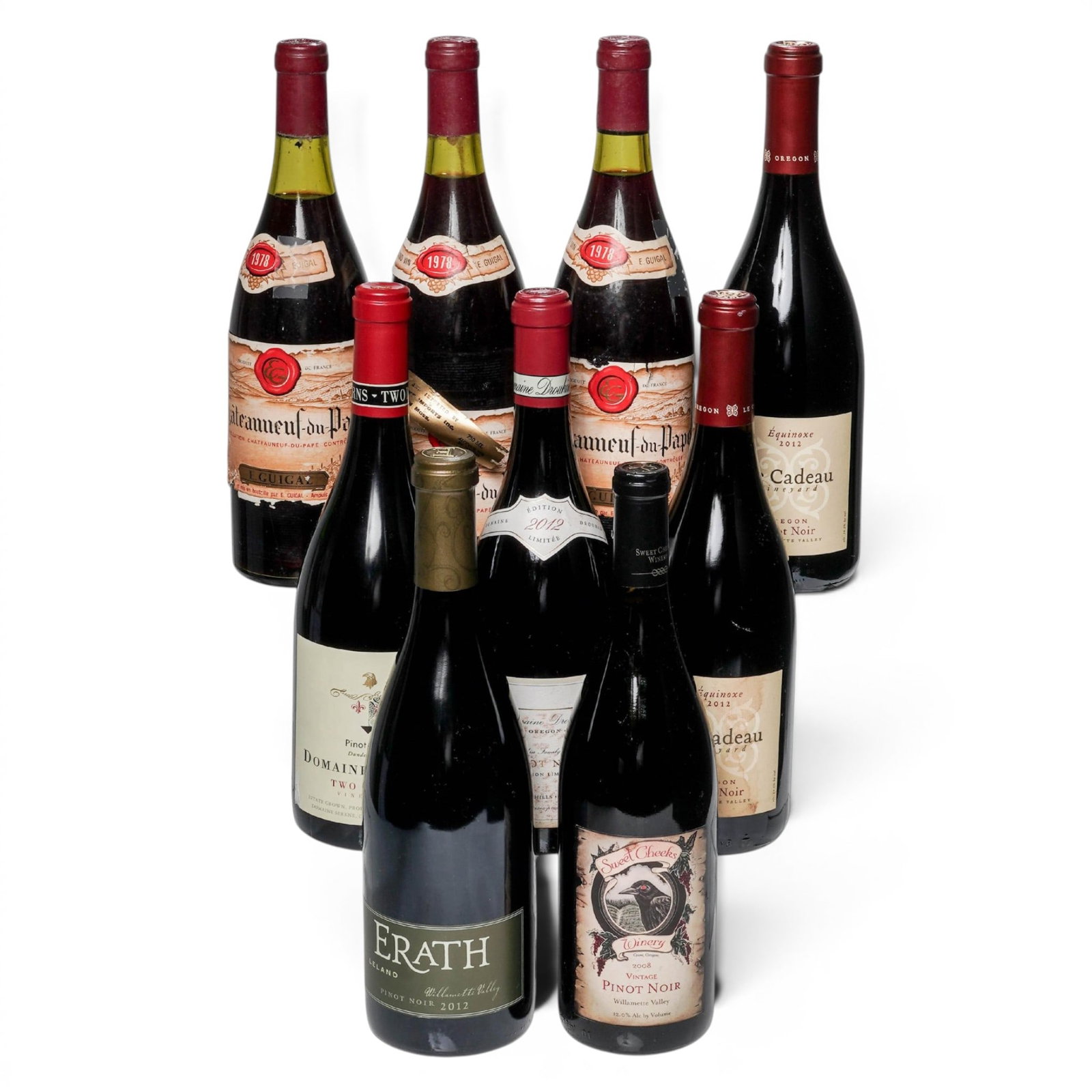 (9 pc) Assortment of Red Wine Bottles: (9 pc) Assortment of Red Wine Bottles 1978 - 2012, USA/France (2) Lecadeau Pinot Noir 2012 (3) Chateauneuf-Du-Pape 1978 (1) Sweet Cheeks Pinot Noir 2008 (1) Erath Pinot Noir 2012 (1) Domaine Serene