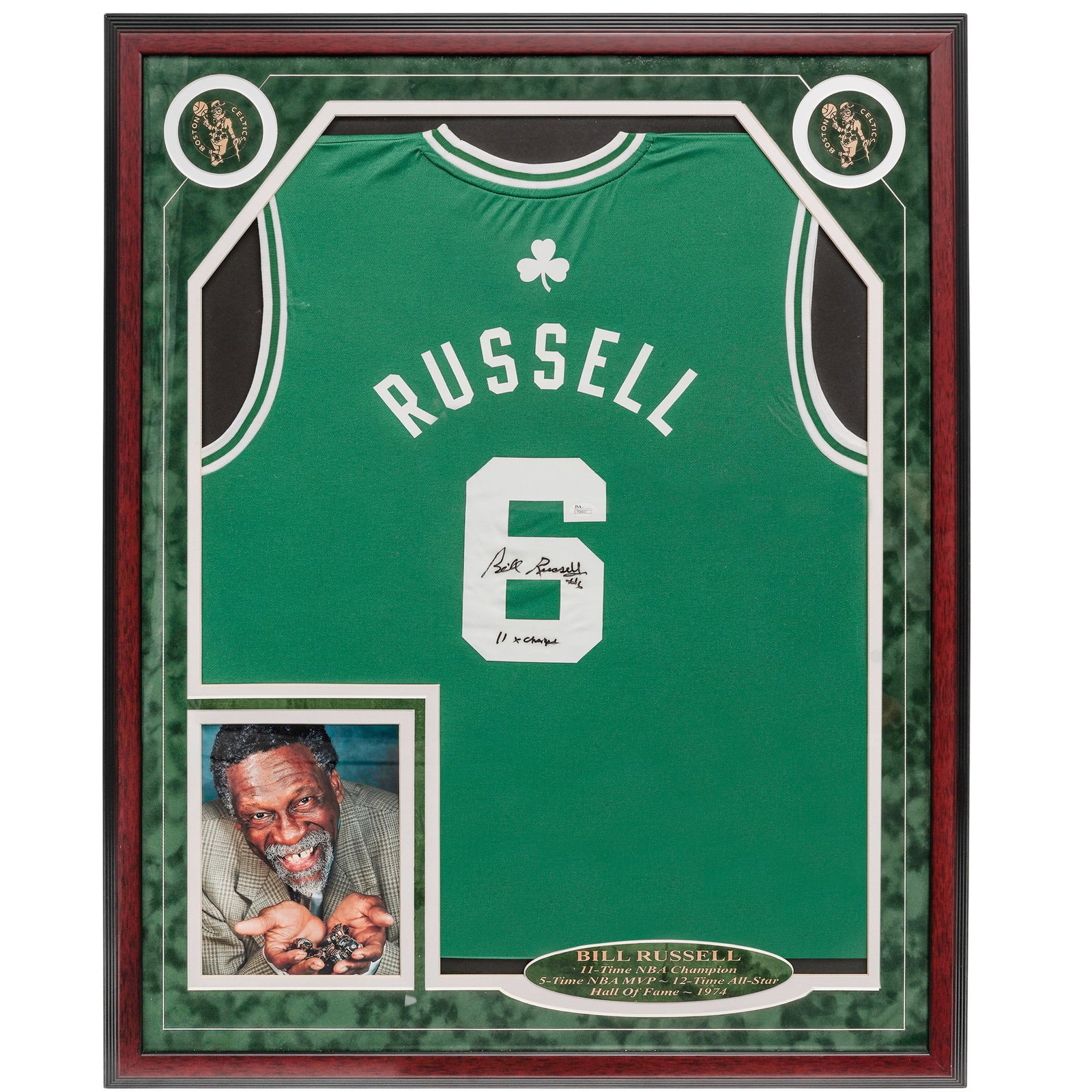 Bill Russell Boston Celtic’s Autographed Framed Jersey: Bill Russell Boston Celtic’s Autographed Framed Jersey 20th century, USA NBA Legend Bill Russell of Boston Celtic’s autographed framed jersey. A tamper-evident serialized sticker from James