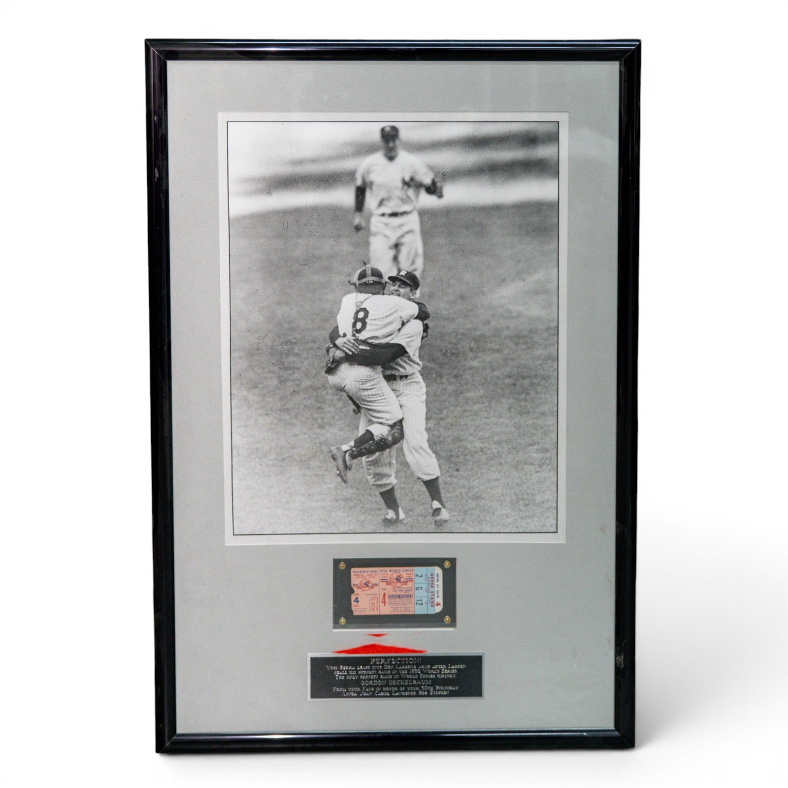 Yogi Berra & Don Larsen's 1956 World Series Perfect Game Signed Photo & Ticket: Yogi Berra & Don Larsen's 1956 World Series Perfect Game Signed Photo & Ticket c. 1956, USA Yogi Berra & Don Larsen's historic 1956 World Series perfect Game Signed Photo & Ticket. The photo is