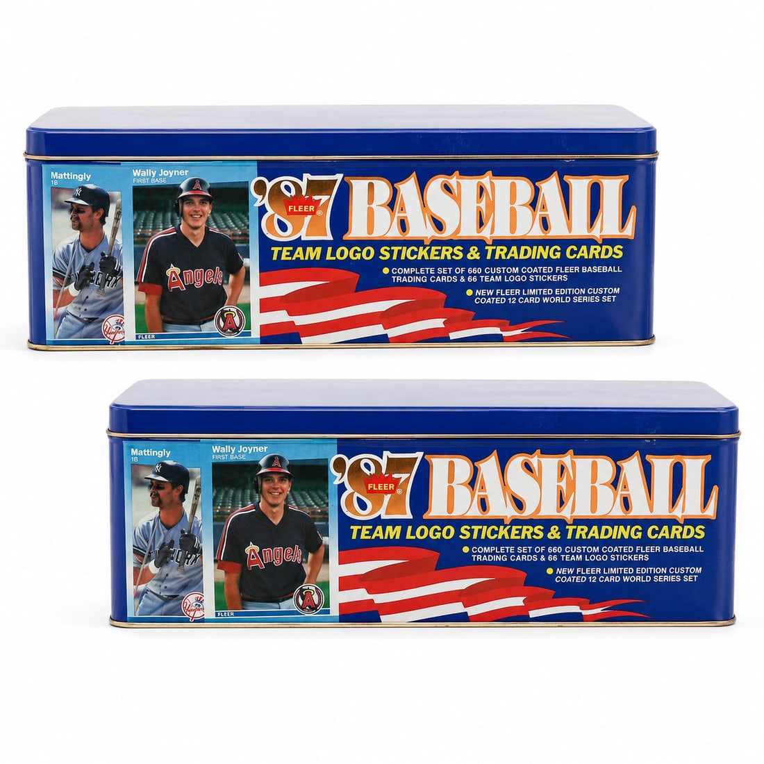 Pair Sealed Fleer 1987 Team Logo Card Tins: Pair Sealed Fleer 1987 Team Logo Card Tins 1987, USA The 1987 Fleer Glossy Tin Set is a premium, limited-edition release featuring all 672 base cards finished with a distinct high-shine coating. This
