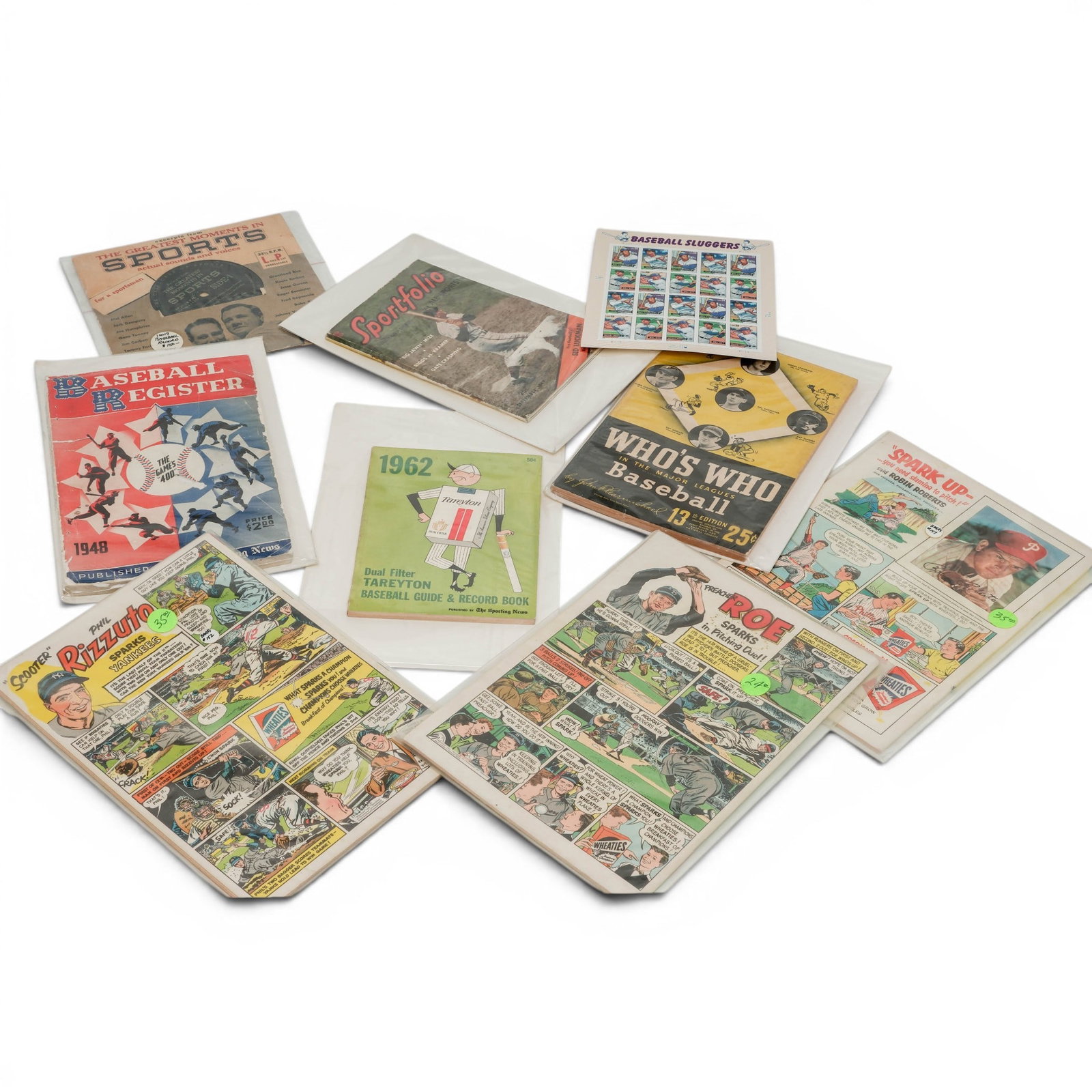 (9 pc) Assortment of Vintage Baseball Collector's Items: (9 pc) Assortment of Vintage Baseball Collector's Items (1) "Scooter" Phil Rizzuth Sparks Yankees (sealed) (1) Excerpts from The Greatest Moments in Sports Actual Sound and Voices 33 1/3 R.P.M. LP (1)