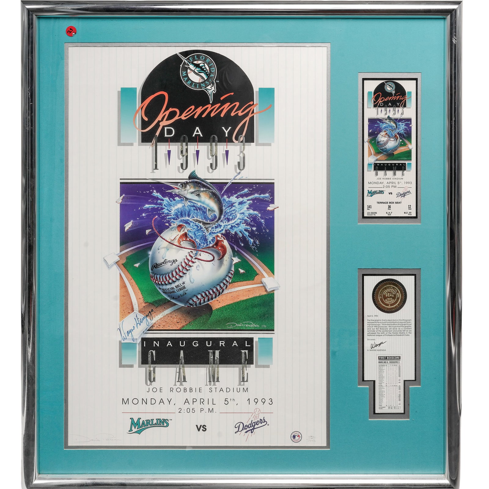 Florida Marlins Inaugural Opening Game Lithograph w/ Ticket: Florida Marlins Inaugural Opening Game Lithograph w/ Ticket C. 1993, USA The Florida Marlins MLB Inaugural Opening Game Lithograph by Denis Pereira (numbered 372/1993) is a highly collectible piece