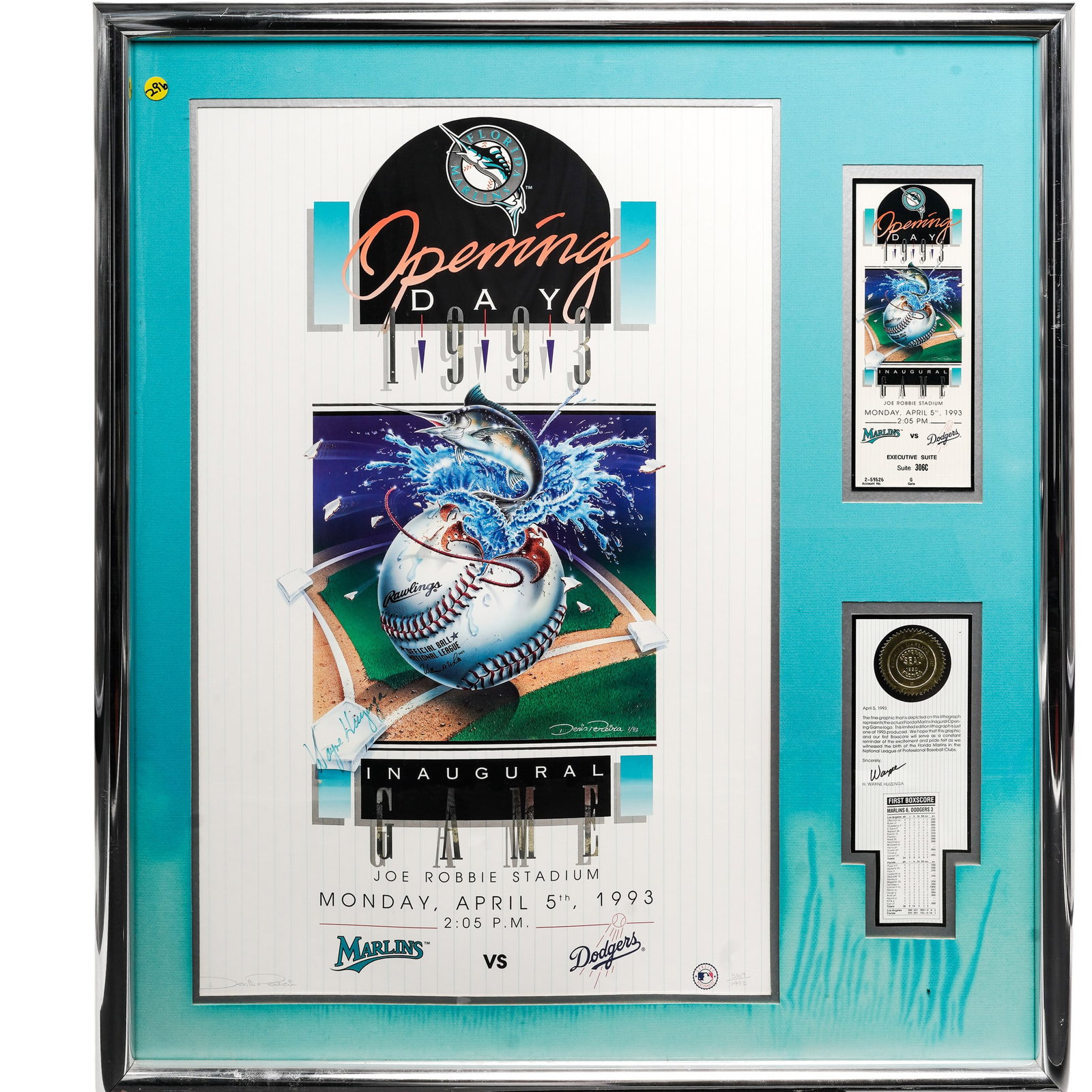 Florida Marlins Inaugural Opening Game Lithograph w/ Ticket: Florida Marlins Inaugural Opening Game Lithograph w/ Ticket c. 1993, USA The Florida Marlins MLB Inaugural Opening Game Lithograph by Denis Pereira (numbered 369/1993) is a highly collectible piece