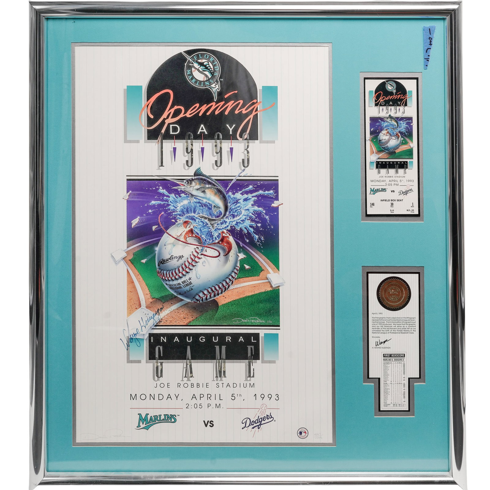 (2 PC) Florida Marlins Inaugural Opening Game Lithograph w/ Ticket: (2 PC) Florida Marlins Inaugural Opening Game Lithograph w/ Ticket c. 1993, USA The Florida Marlins MLB Inaugural Opening Game Lithograph by Denis Pereira (numbered 587/1993) is a highly collectible