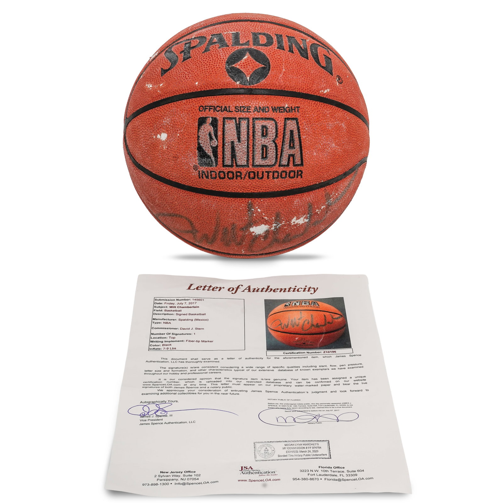 Wilt Chamberlain Signed Basketball w/COA: Wilt Chamberlain Signed Basketball w/COA 1959 - 1973, USA Authentic signed Wilt Chamberlain basketball featuring the legendary player's autograph in marker. The basketball is accompanied by a
