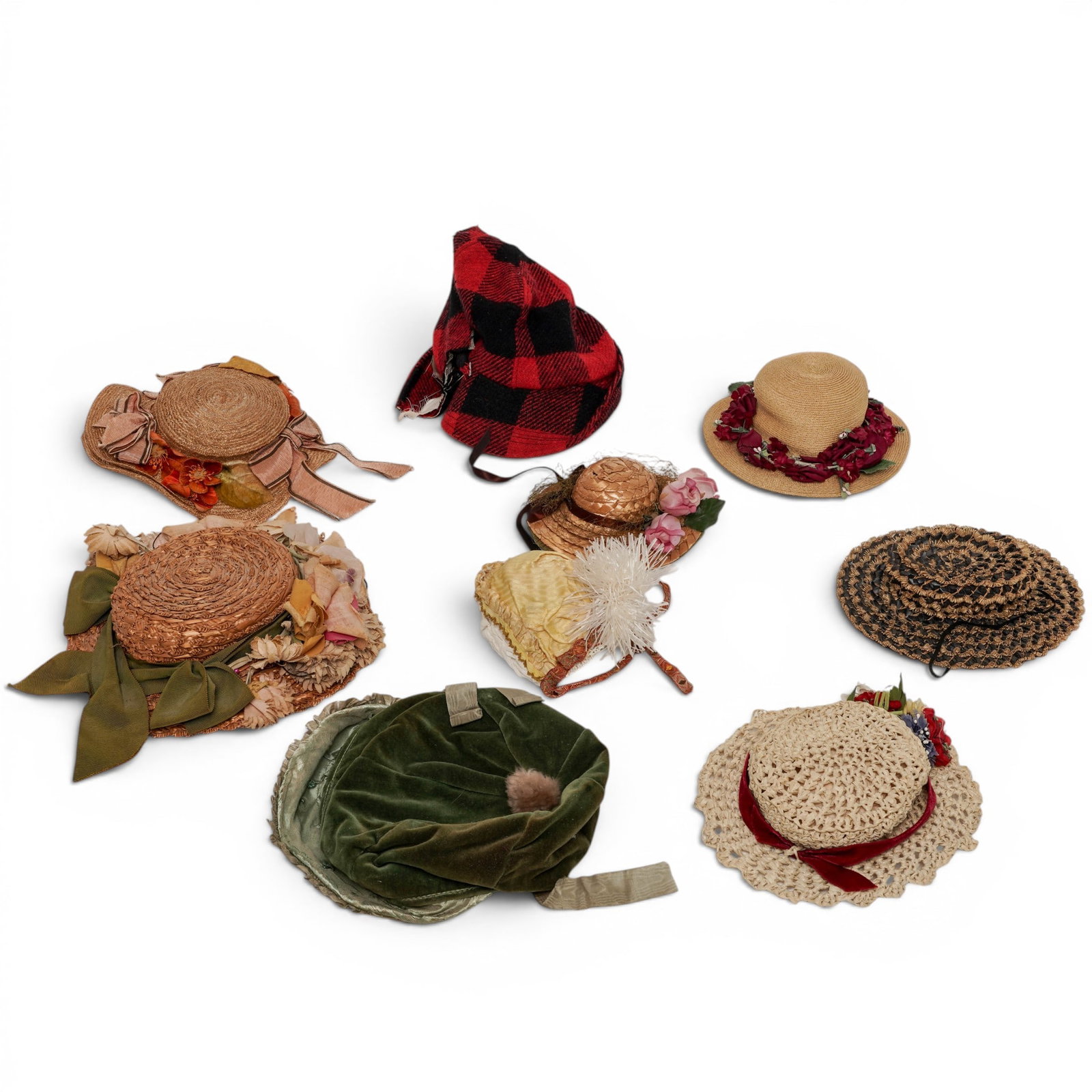 (9 pcs) Antique Doll Hat Collection: (9 pcs) Antique Doll Hat Collection Late 19th-early 20th century Antique doll hats collection. (1) Woven straw hat with red ribbon and a faux flower bouquet. Measurements: H 3" x Diameter 7.5" (1) Bla