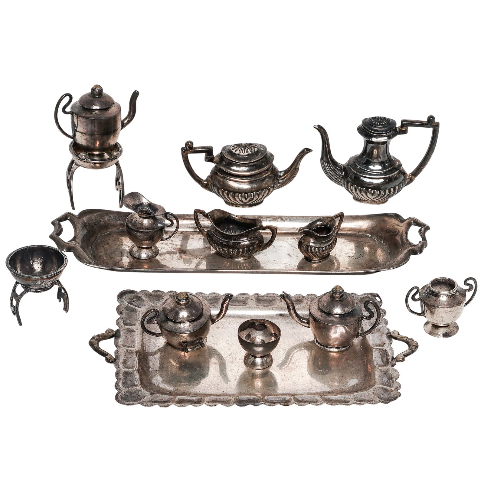 (14pc) Antique Sterling Silver & Silver Doll House Tea Service Miniature Sets: (14pc) Antique Sterling Silver & Silver Doll House Tea Service Miniature Sets Late 19th to early 20th Cent., English The lot includes two sets, each of five and nine pieces, respectively: (1) 19th-cen