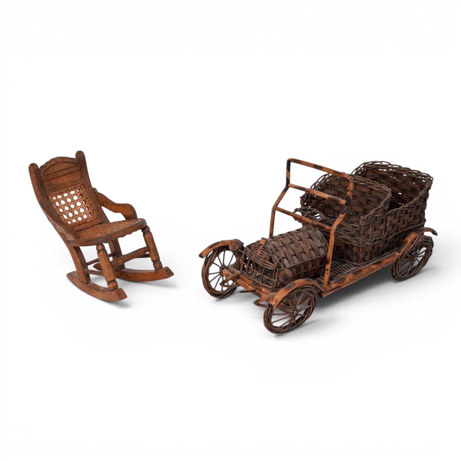 (2pc) Antique Wicker Basket Car & Wood Rocking Chair Doll Furniture (1 of 13)