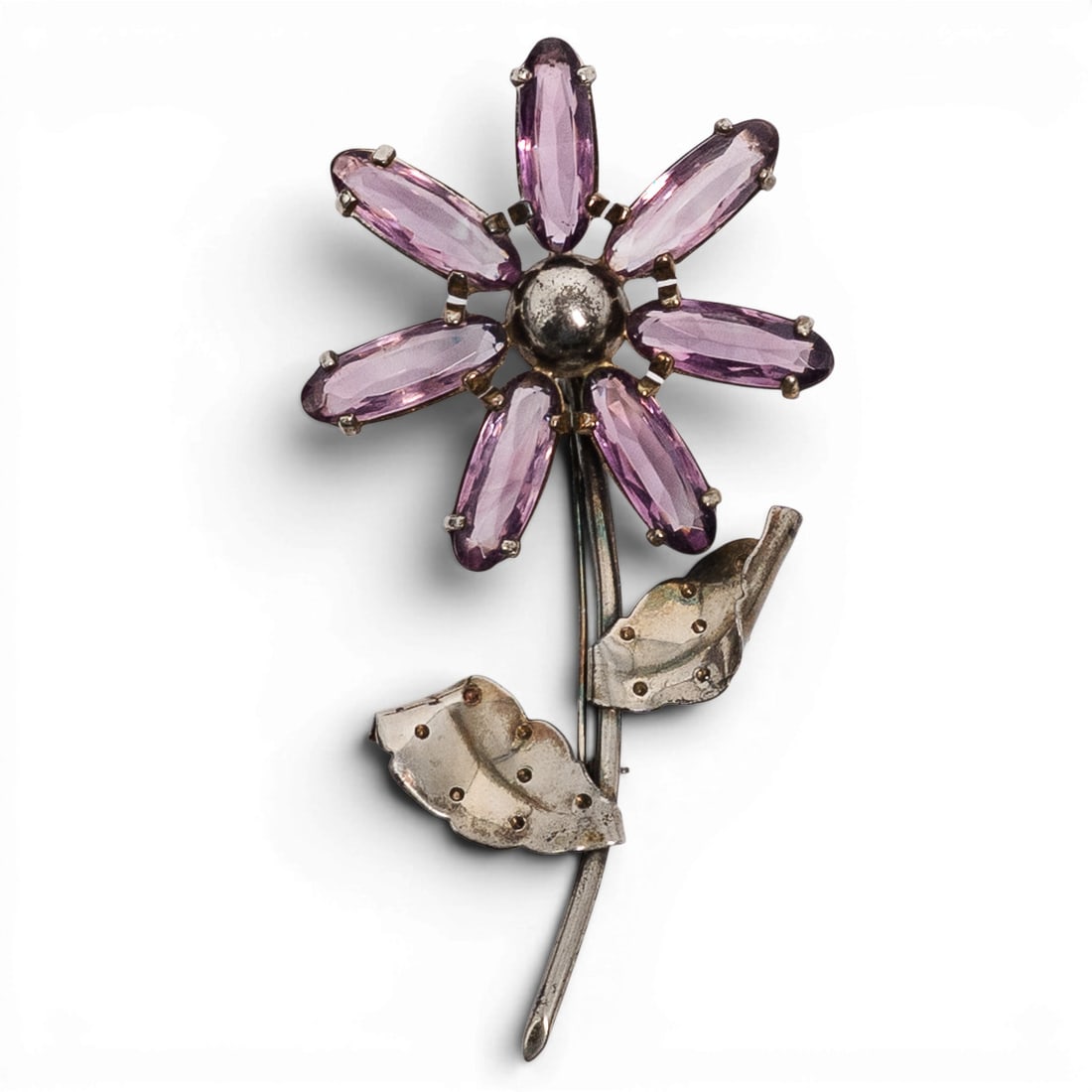 Sterling Silver & Amethyst Flower Brooch Signed (1 of 4)