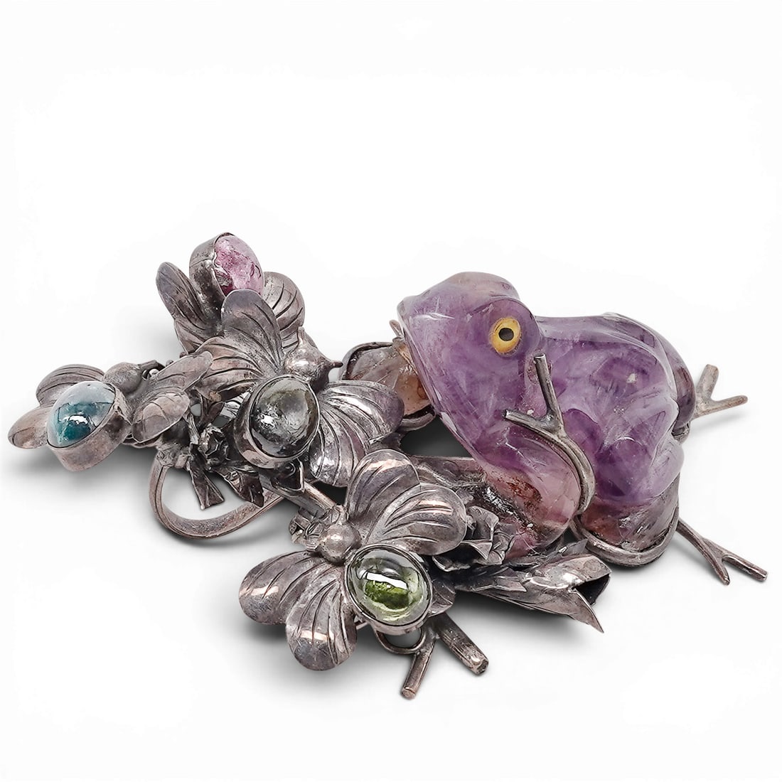 Vintage Sterling Silver Amethyst Quartz & Tourmaline Frog Brooch (1 of 6)