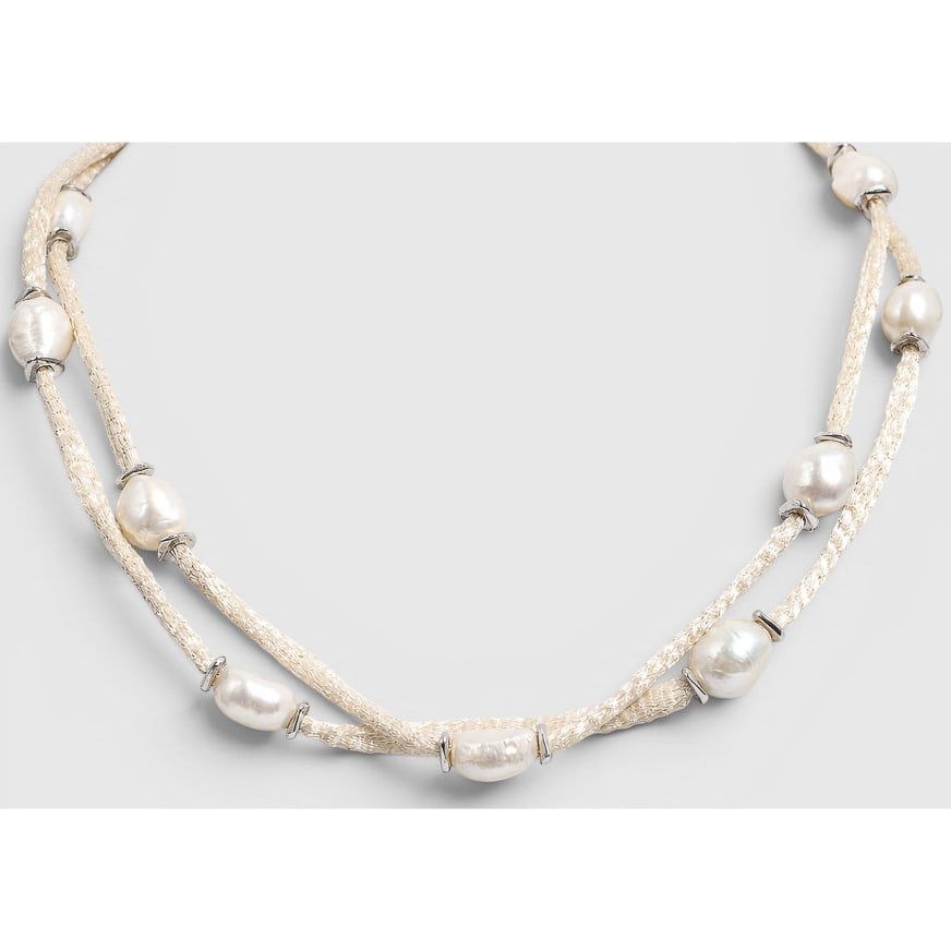 Sterling Silver Woven Wire & Freshwater Pearl Necklace: Sterling Silver Woven Wire & Freshwater Pearl Necklace Contemporary, Chinese Multi-strand woven sterling silver wire necklace with freshwater pearl stations and sterling silver magnetic closure; clasp
