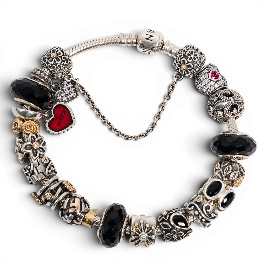 Pandora Moments Sterling Silver 14k Gold & Murano Glass Charm Bracelet: Pandora Moments Sterling Silver 14k Gold & Murano Glass Charm Bracelet Contemporary, Danish Sterling silver Pandora Moments snake chain bracelet with barrel clasp and safety chain, fully styled with a