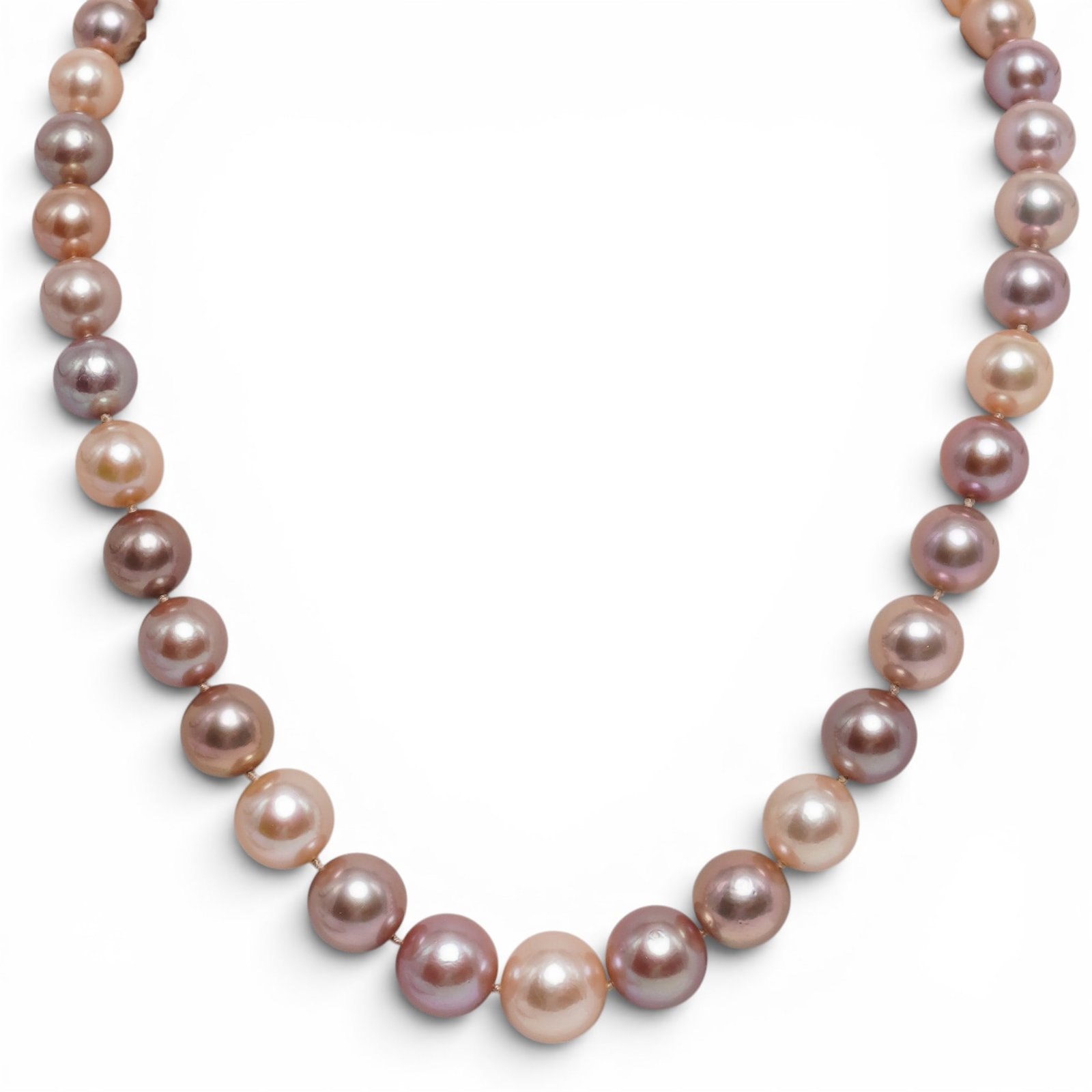 Freshwater Pearl Strand Necklace: Freshwater Pearl Strand Necklace 20th century A multicolor freshwater pearl strand necklace. L (unclasped) 18" x Box H 1.25" x L 8" x W 5.625" Pearls diameter between 9.4 mm - 13.4 mm