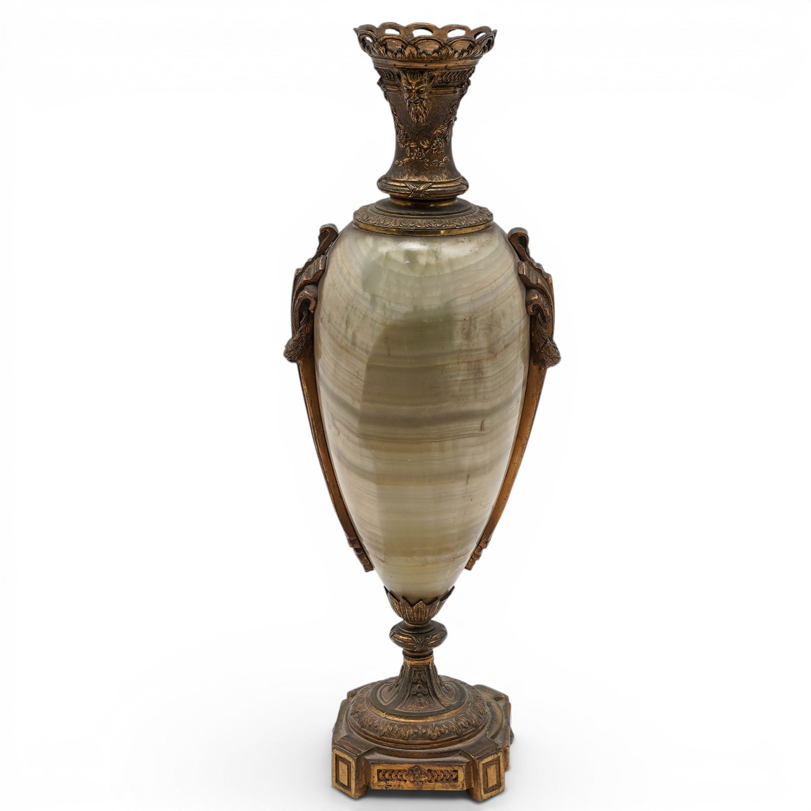 Antique French Onyx & Bronze Mounted Urn: Antique French Onyx & Bronze Mounted Urn 19th Cent., French An amphora vase designed in the French neoclassical style features a main vessel with a slender, oviform body crafted from carved, cream-col