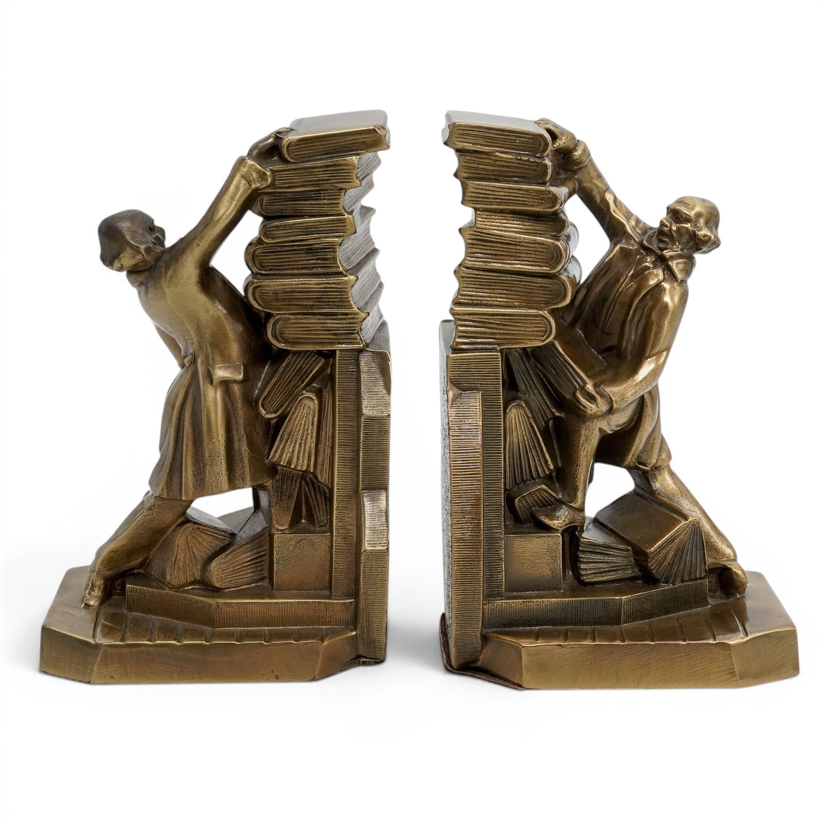 Pair Of Art Deco K&O "Struggling Librarian" Brass Bookends (1 of 10)