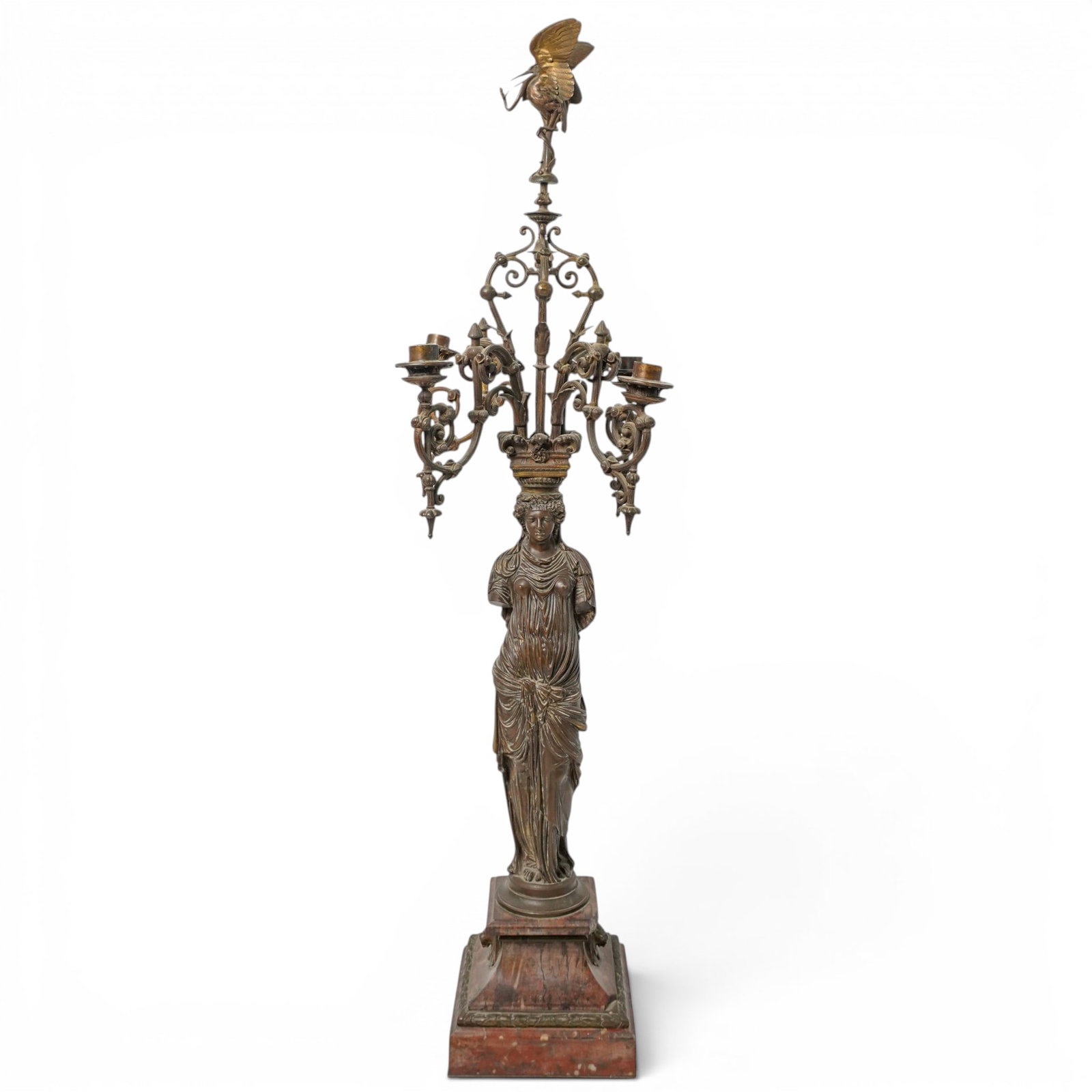 Antique Bronze Neoclassical Figural Candelabra: Antique Bronze Neoclassical Figural Candelabra Late 19th-early 20th century, Continental An antique bronze candelabra featuring a sculpted Neoclassical figure of a woman. Decorative candle stems and a
