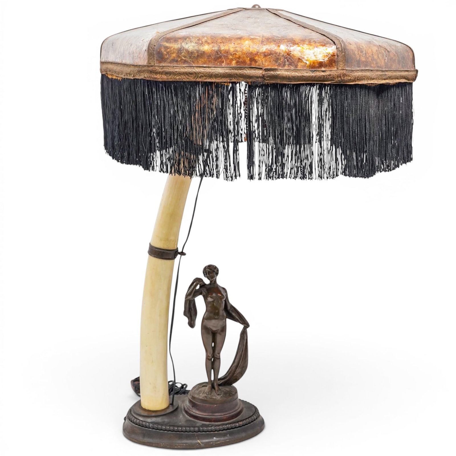 Antique Bone & Bronze Lamp: Antique Bone & Bronze Lamp Late 19th-early 20th century, Continental An antique lamp with a natural bone stem affixed to a bronze base with a small Neoclassical style female nude figure. Lampshade is