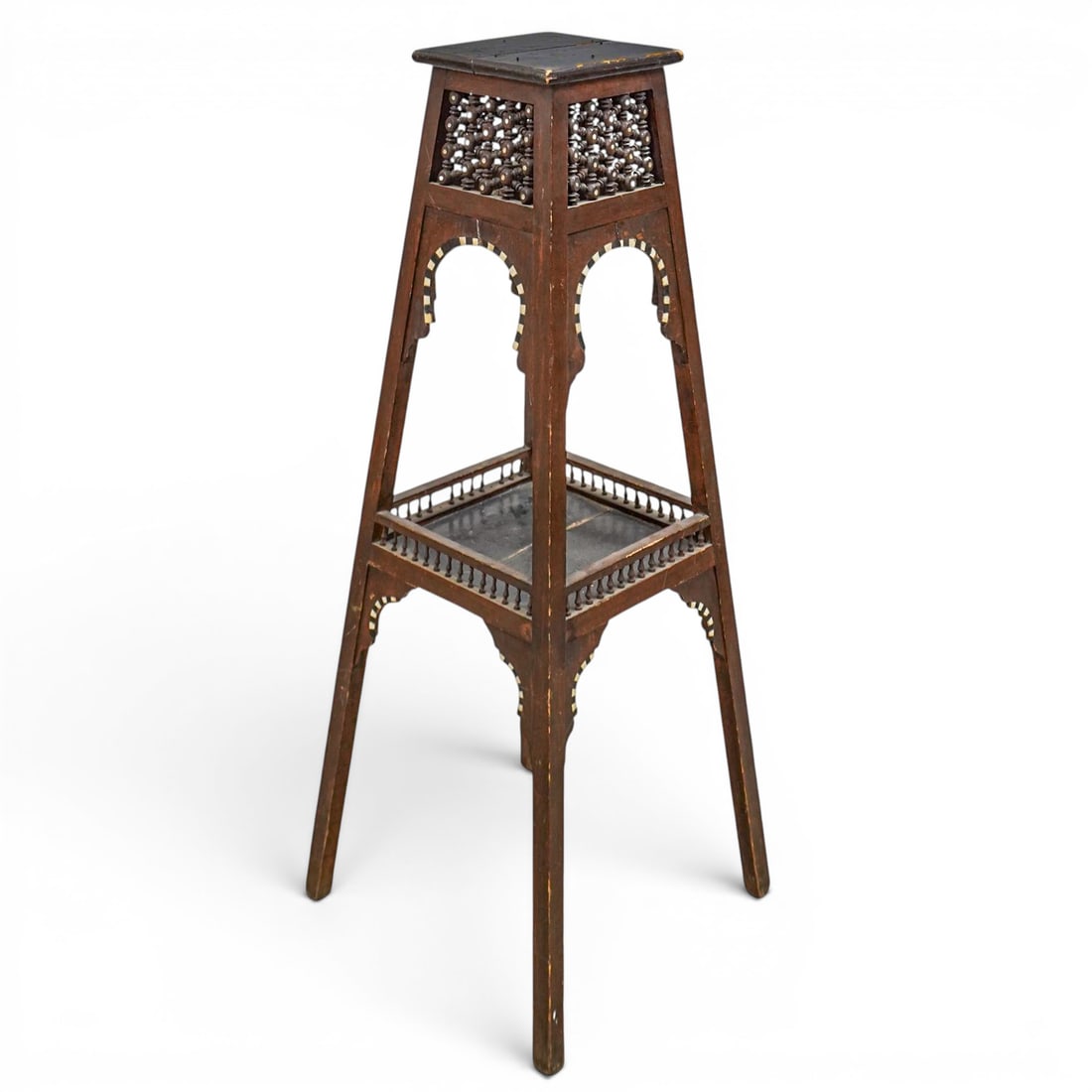 Antique Egyptian Mother of Pearl Inlay Pedestal: Antique Egyptian Mother of Pearl Inlay Pedestal Late 19th-early 20th century, Continental Antique Egyptian wooden pedestal with mother-of-pearl inlay and black painted accents. Open carved designed se