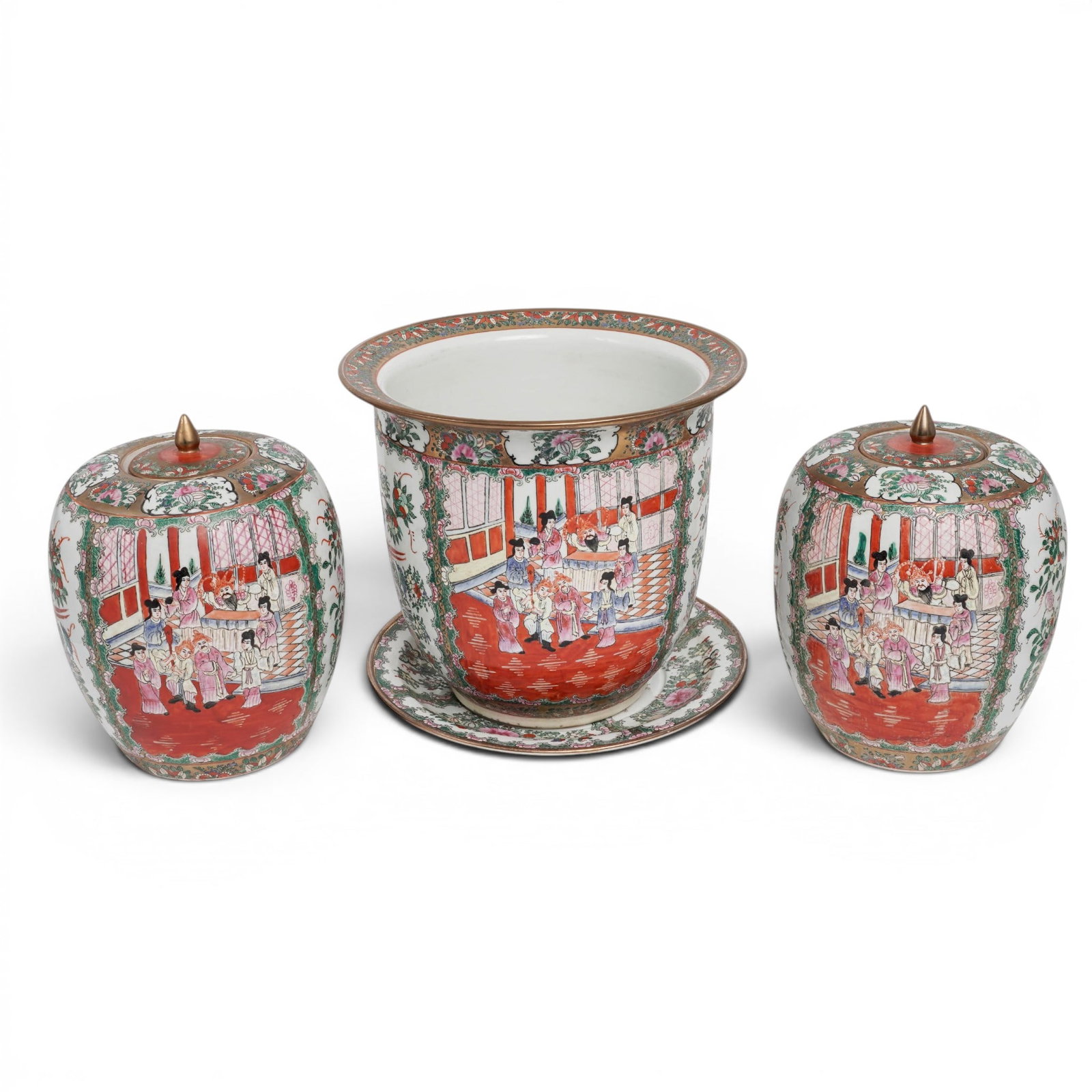 (4pc) Large Vintage Chinese Famille Rose Porcelain Group: (4pc) Large Vintage Chinese Famille Rose Porcelain Group Mid 20th Cent., Chinese This group features the traditional hand-painted Famille Rose style with alternating panels of courtly palace figures, 