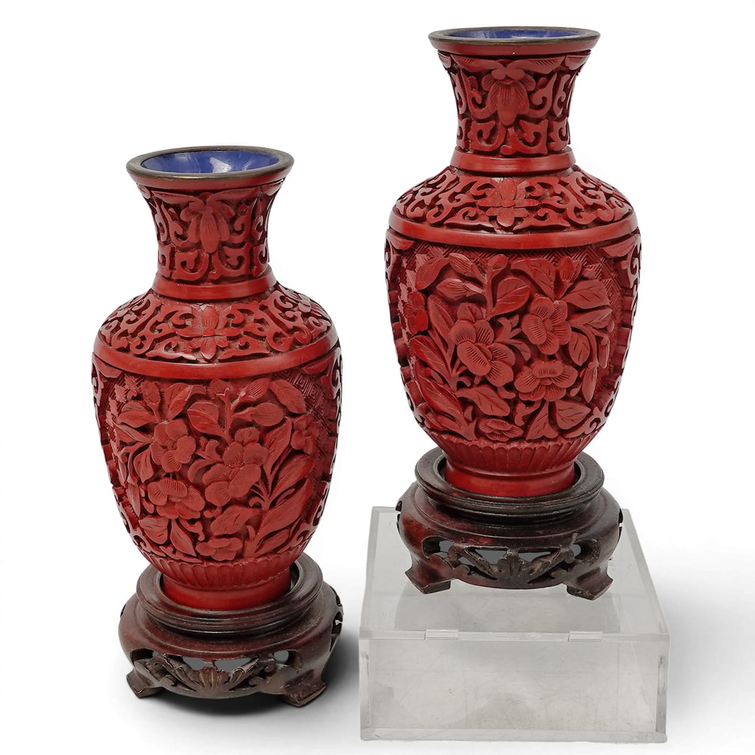 (2pc) Vintage Chinese Cinnabar Vases With Wooden Stands (1 of 11)