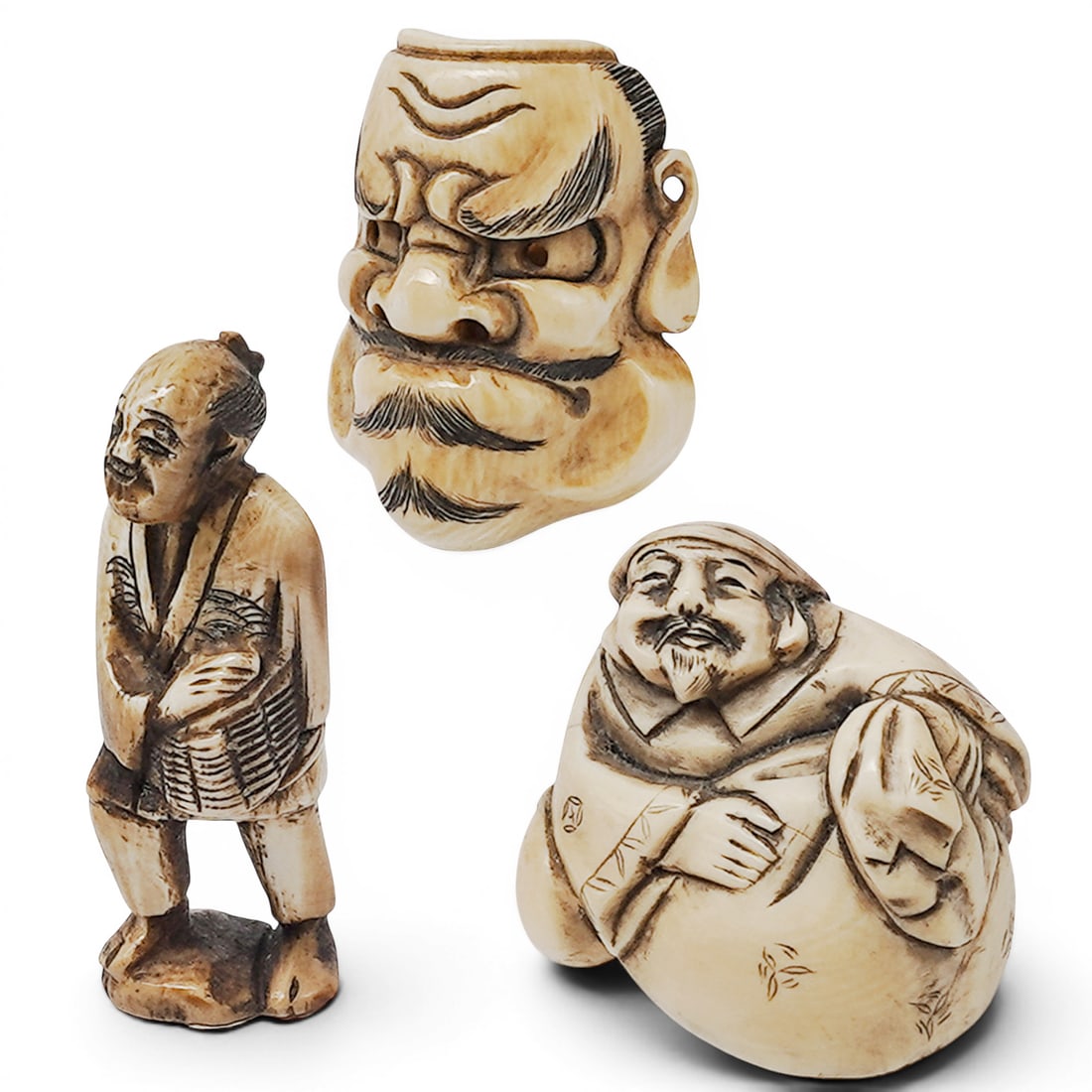 (3 pcs) Japanese Carved Bone Netsukes (1 of 8)