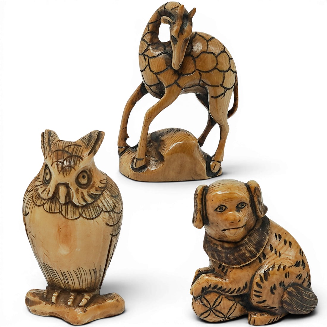 (3 pcs) Japanese Carved Bone Animal Netsukes (1 of 9)