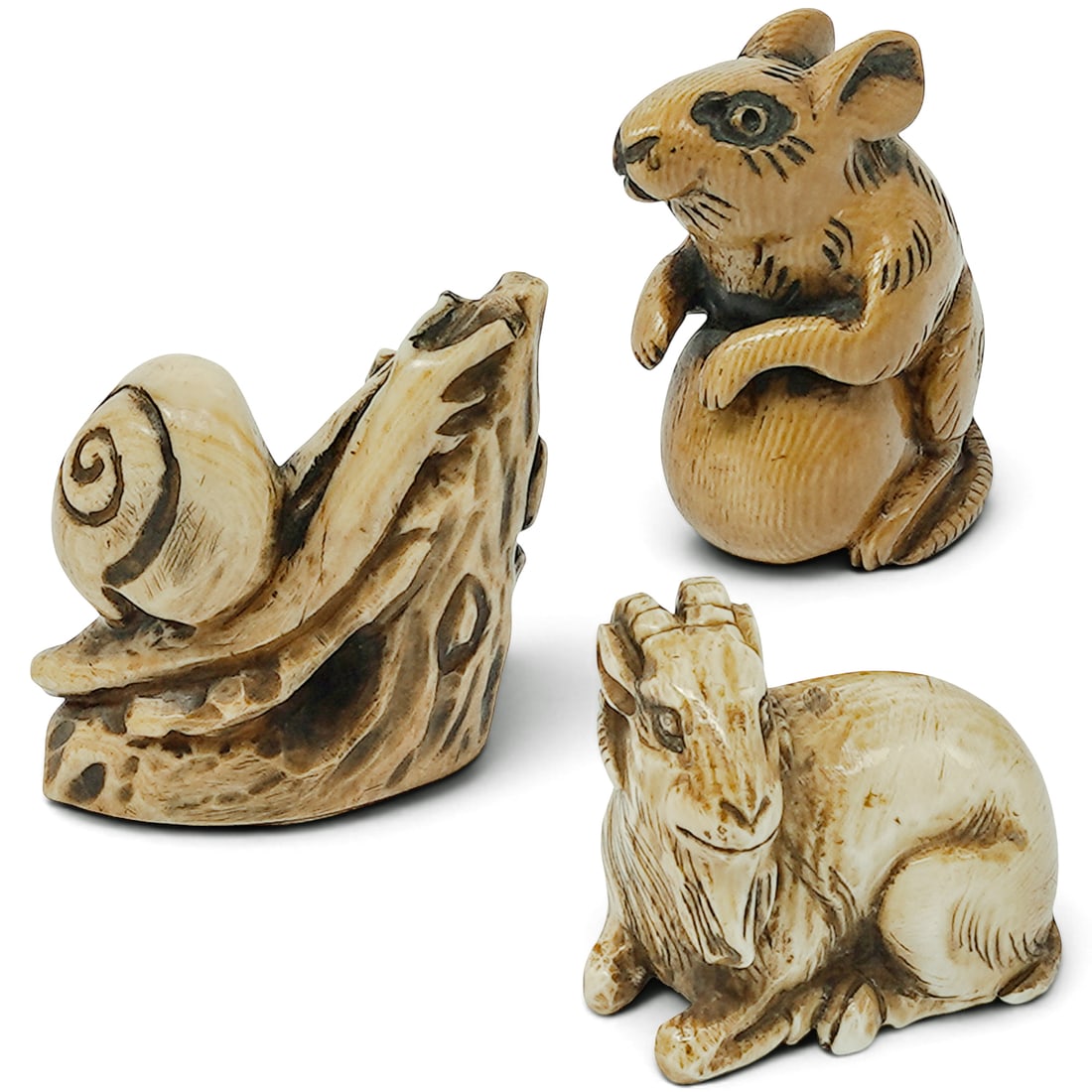 (3 pcs) Japanese Carved Bone Animal Netsukes (1 of 9)