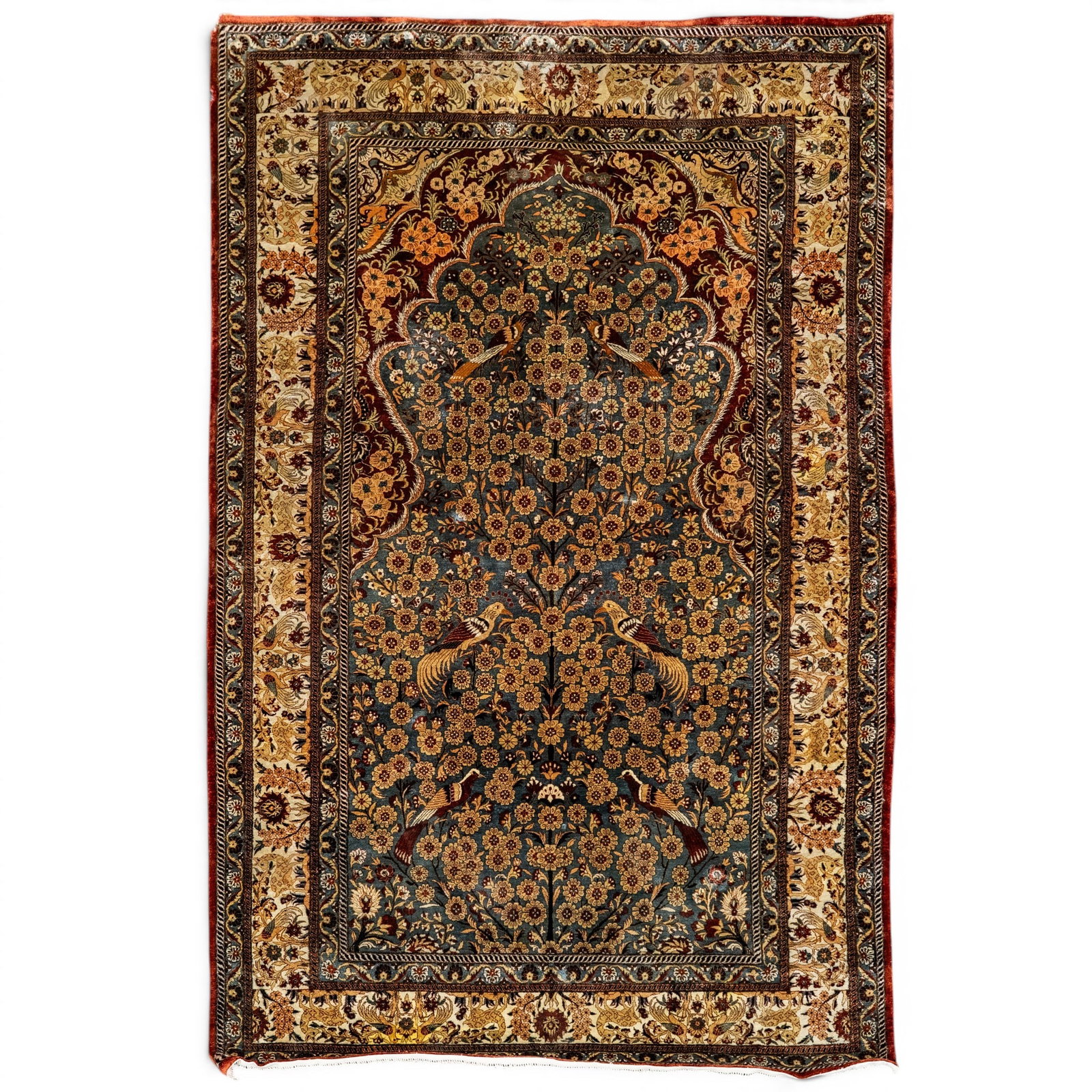 Tabriz Persian Silk 'Tree Life' Rug: Tabriz Persian Silk 'Tree Life' Rug 20th Century, Iran Persian Tabriz silk rug featuring a finely woven Tree of Life design centered within elaborate flowering branches, palmettes, and scrolling viner