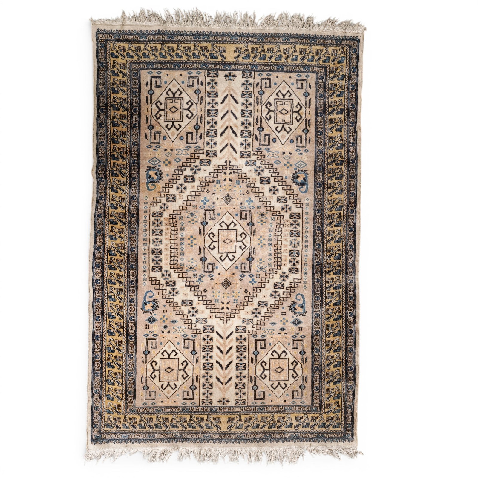Vintage Hand-Knotted Tribal Turkish Wool Rug: Vintage Hand-Knotted Tribal Turkish Wool Rug Mid 20th Cent, Turkey This vintage Turkish rug features a geometric tribal composition, woven in the mid-20th century. A large, multi-layered diamond medal