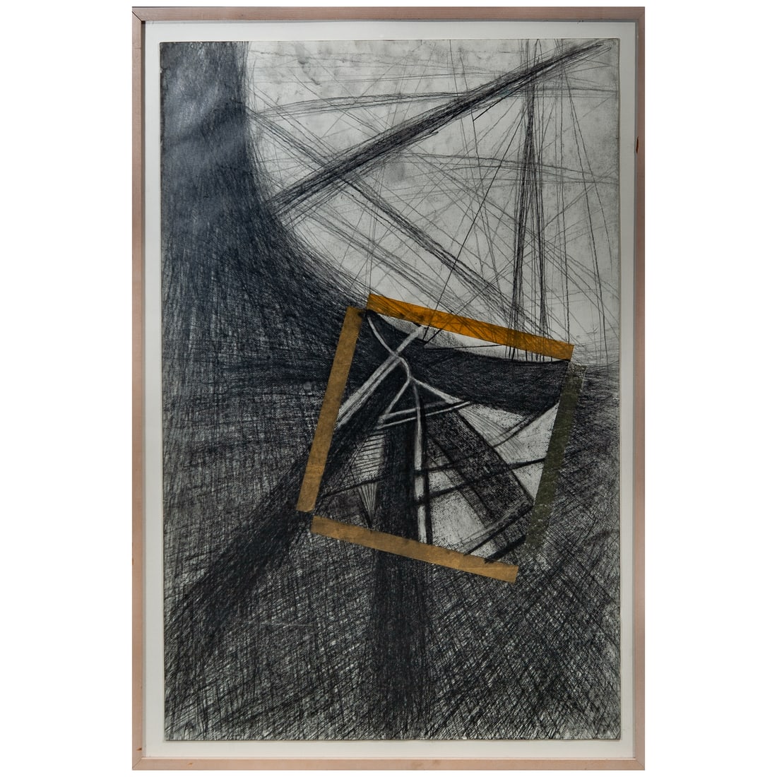 Large Mixed Media On Paper Drawing: Large Mixed Media On Paper Drawing 20th Cent. A complex, non-representational study featuring a dense network of energetic cross-hatched graphite or charcoal linework, anchored by a central tilted squ