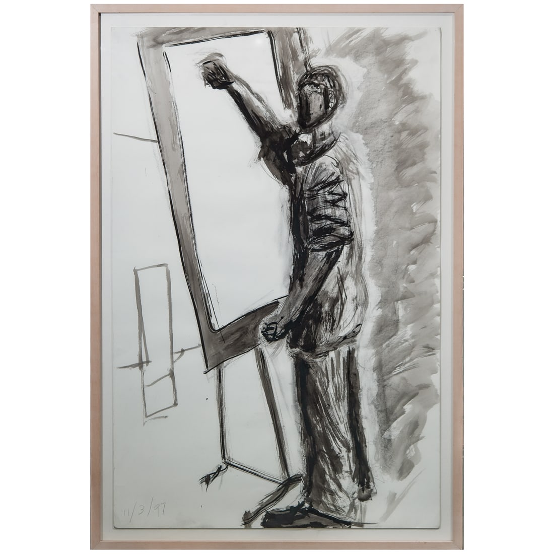 Large Watercolor On Paper Painting: Large Watercolor On Paper Painting 1997 Expressive painting depicting a gestural figurative study capturing an artist standing in profile, working intently on a canvas or drawing board mounted on a st